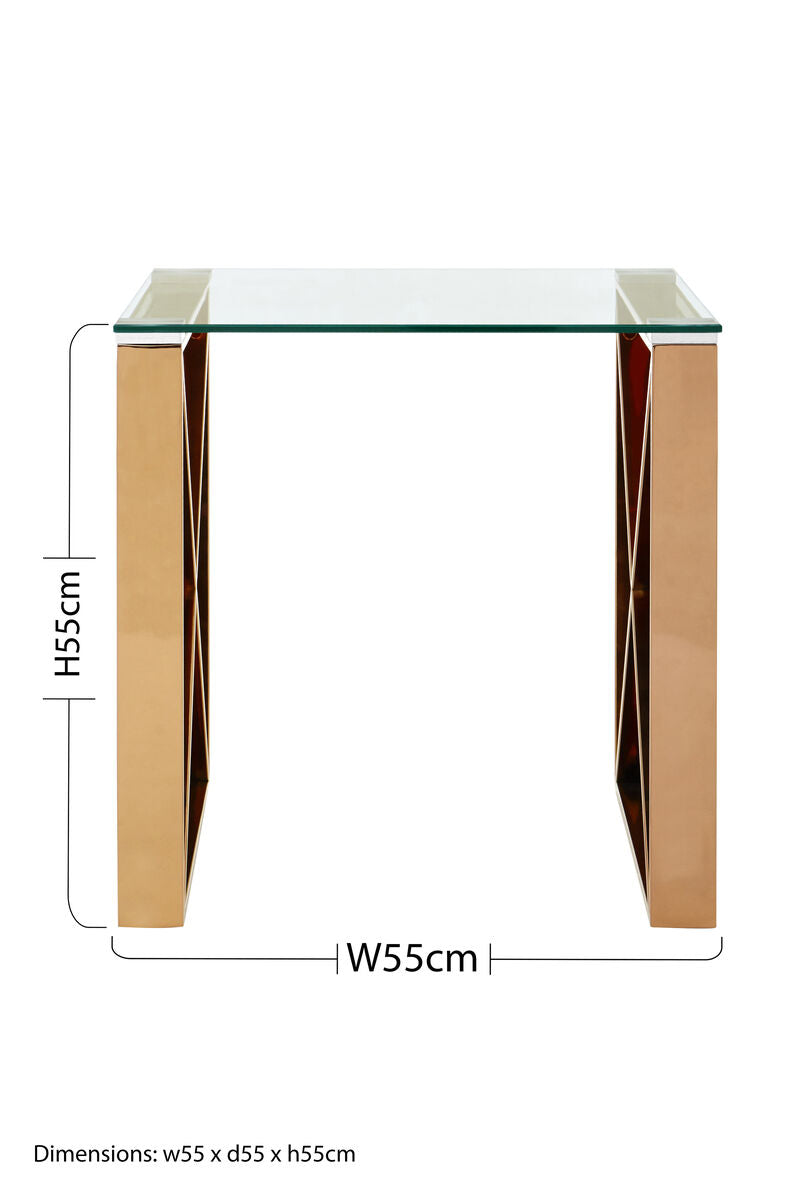 Allure Clear Glass Square Side Table with Rose Gold Finish Legs