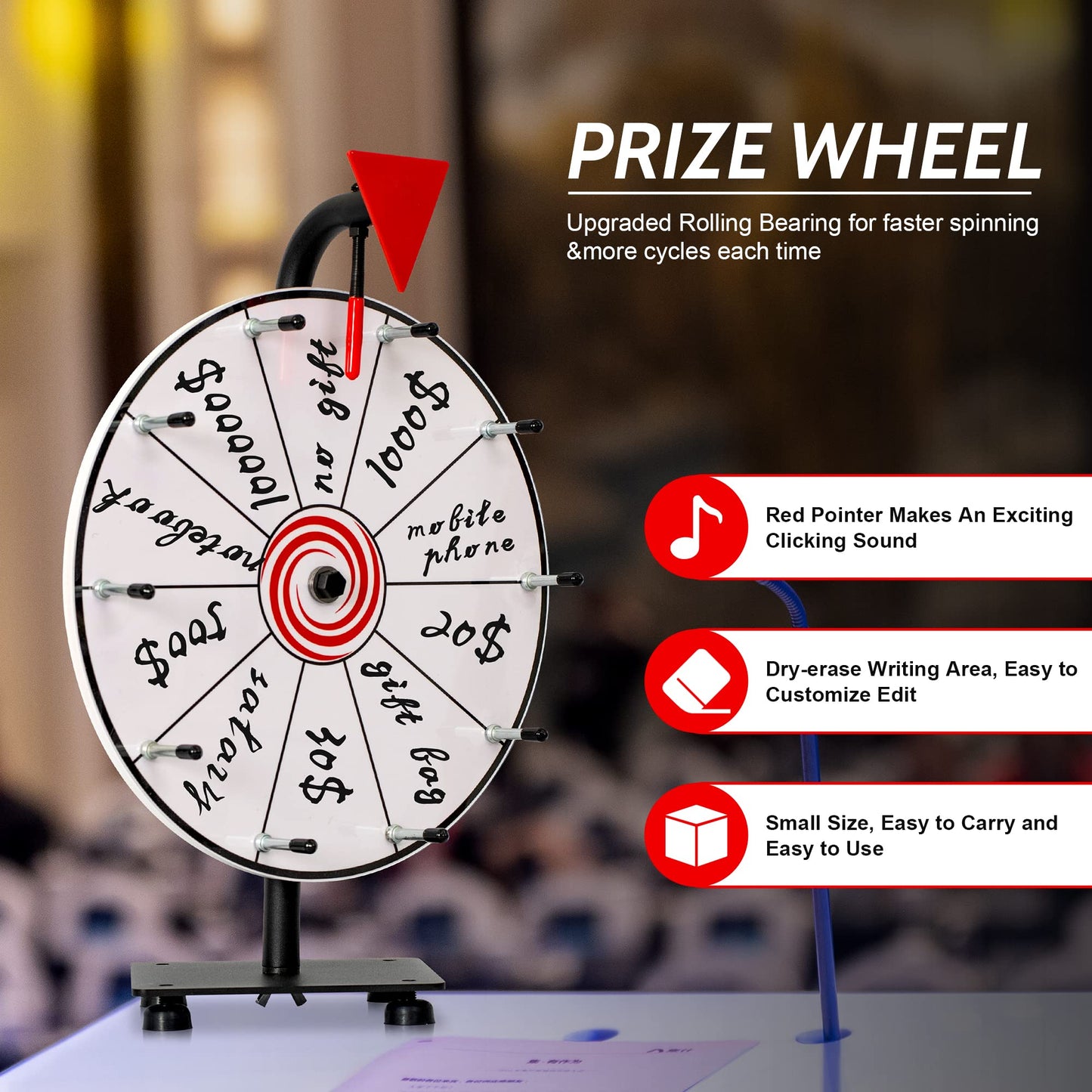 Abitcha 12-Inch White Tabletop Prize Wheel - 10 Slots, Heavy-Duty Base, Dry-Erase Surface