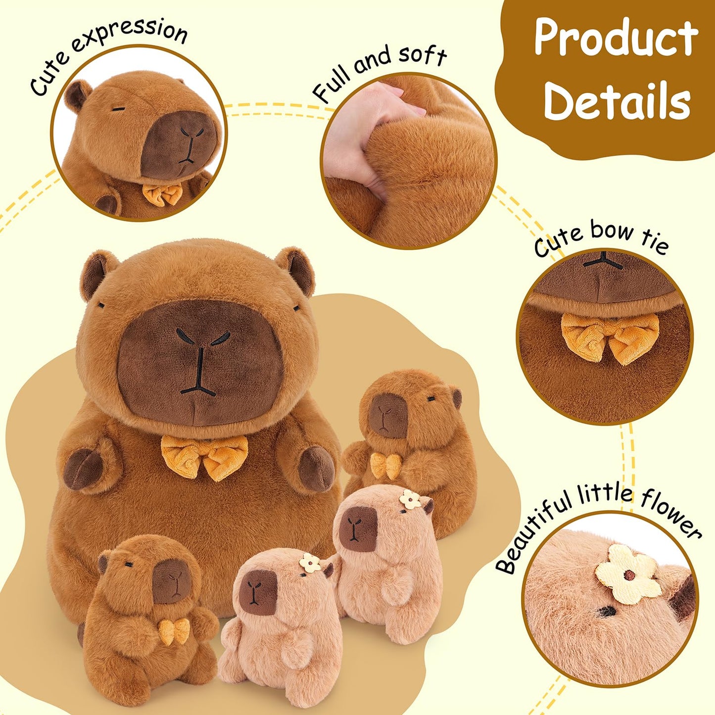 Achwishap 5Pcs Capybara Plush Family Set — 16in Mommy + 4x 6in Babies, Plush Pillow & Decor