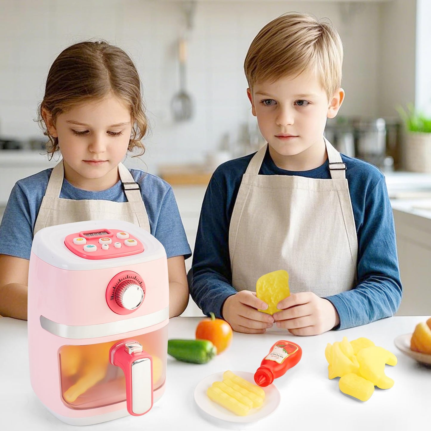ACROFEK Play Kitchen Accessories – Toy Air Fryer with Sound & Lighting, Color-Changing Play Food, Pink
