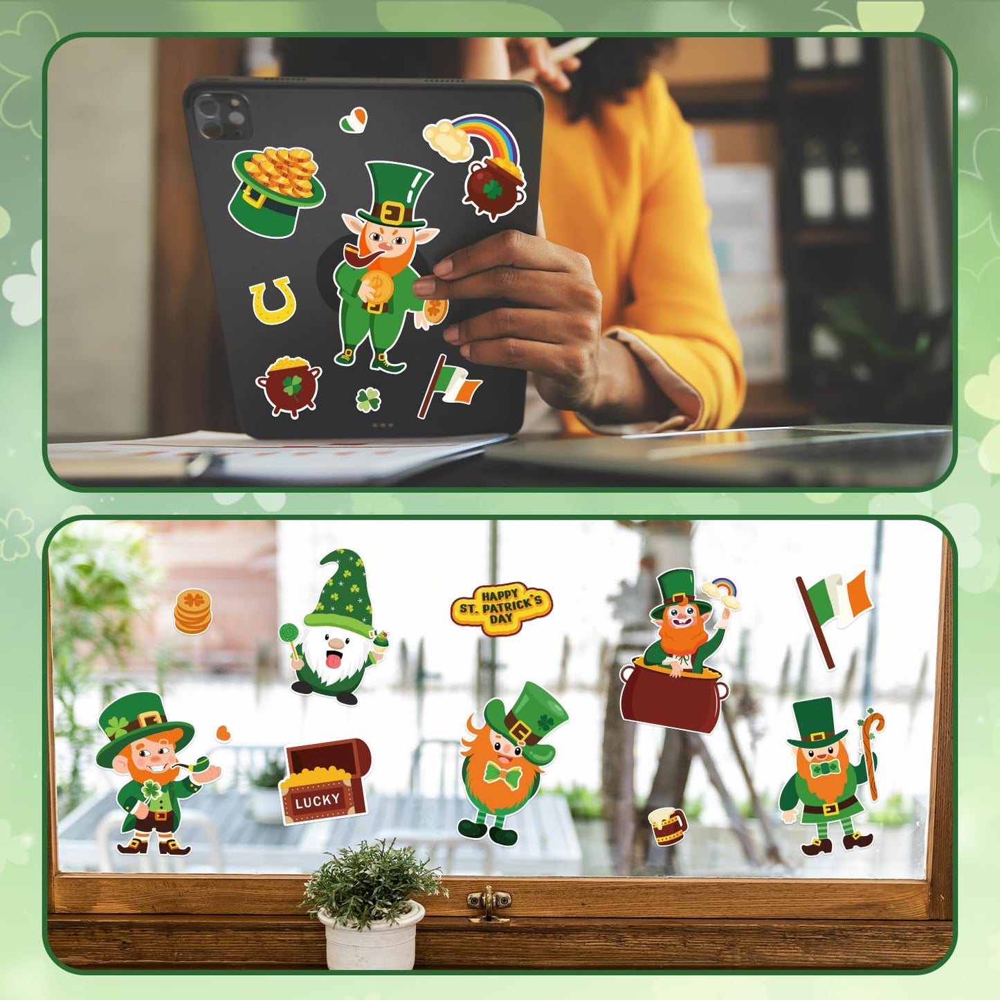 Actilize 24 Pack St. Patrick’s Day Face Stickers for Kids – 8 Styles, Self-Adhesive Leprechaun & Shamrock (6x8.2 in)