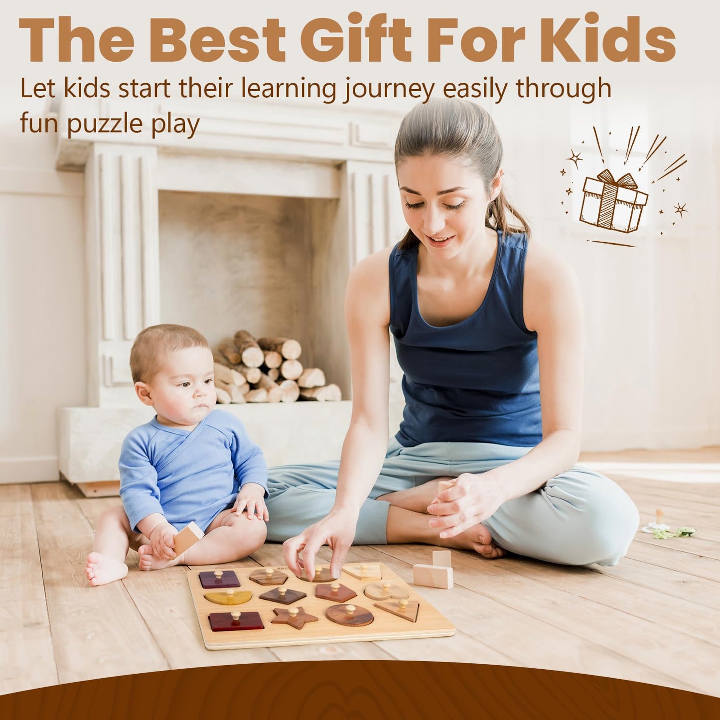 Adena Montessori Wooden Puzzles for Toddlers – 12-Piece Shape Peg Board Toys