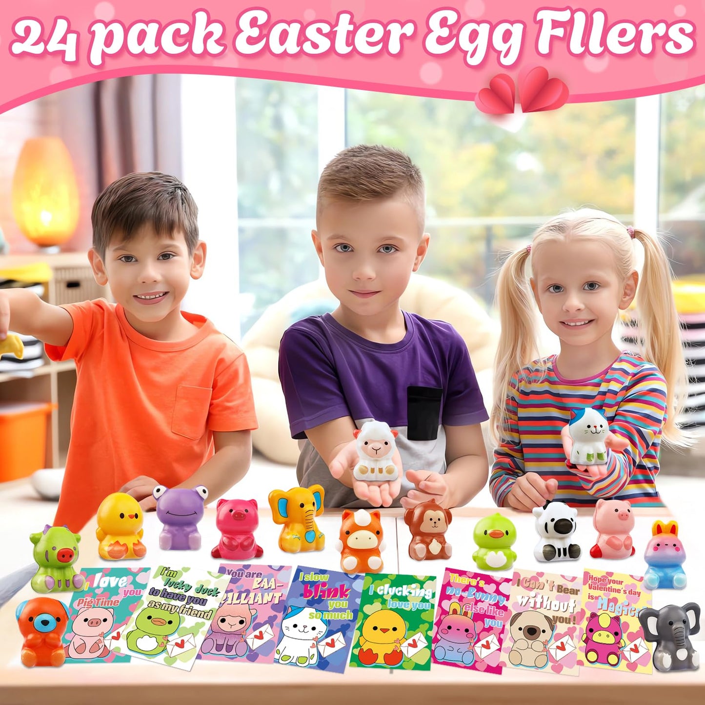 Adisher 24 Pack Valentines Day Gifts for Kids — Cards + Animal Squishy Toys for Classroom Exchanges