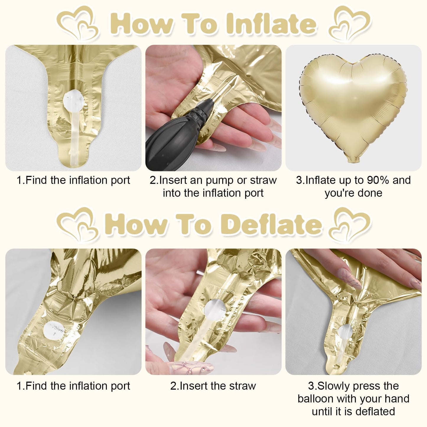 Adorely Cream White Heart Balloons – 12pc Beige Gold Foil Hearts, 18-Inch Boho Party Decor