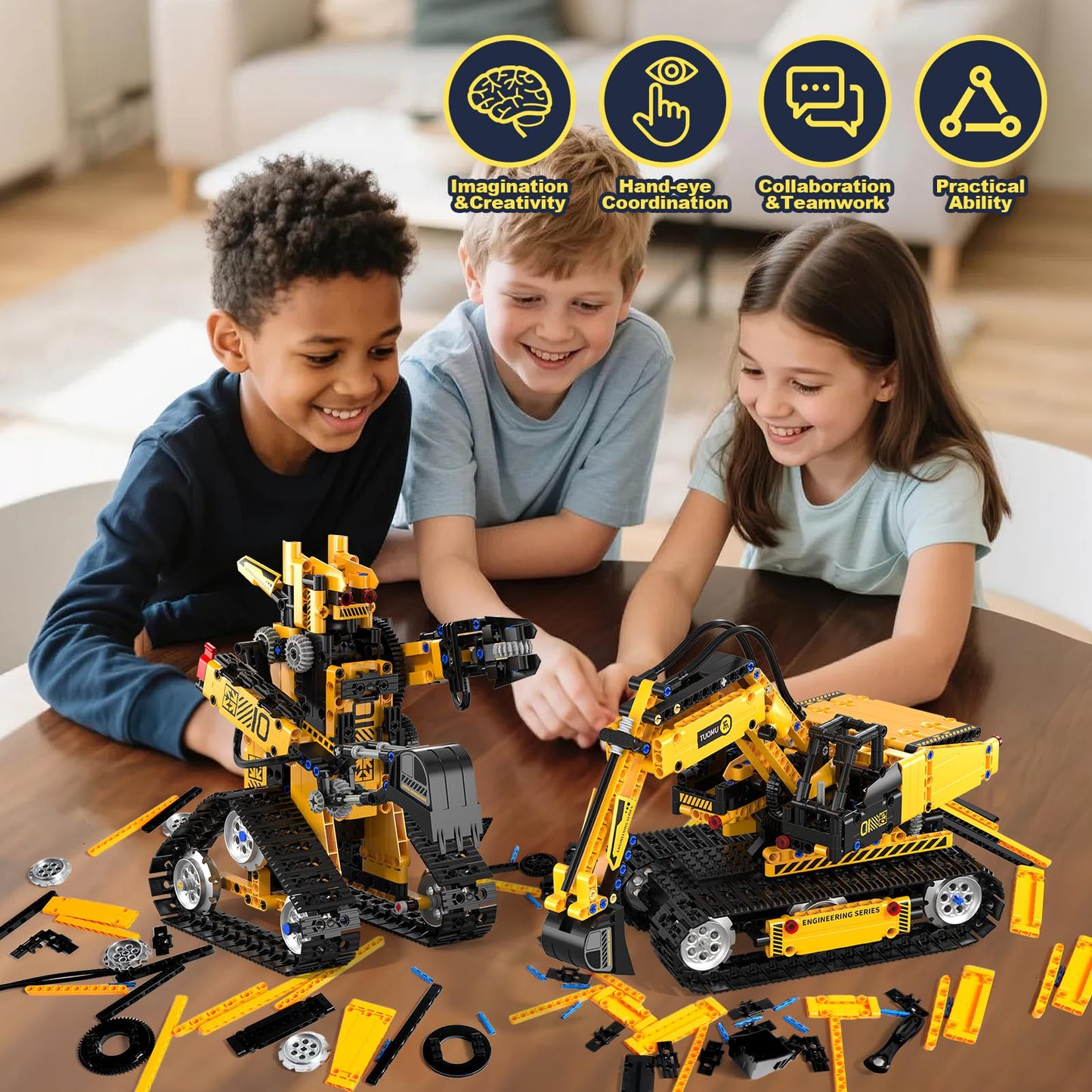 ADUSRIZ 5-in-1 STEM Robotics Kit for Kids 6-14 — Remote & App Controlled Excavator, Robot, Bulldozer, Roller, Truck (535 PCS)