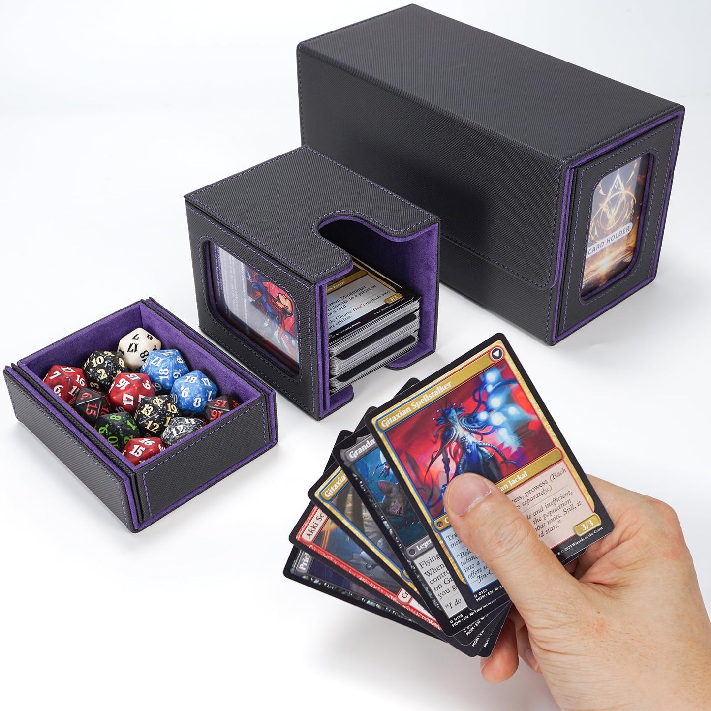 AFIING MTG Commander Deck Box – 200 Double-Sleeved Card Storage, 3-in-1 Magnetic Case Organizer (Black/Purple)