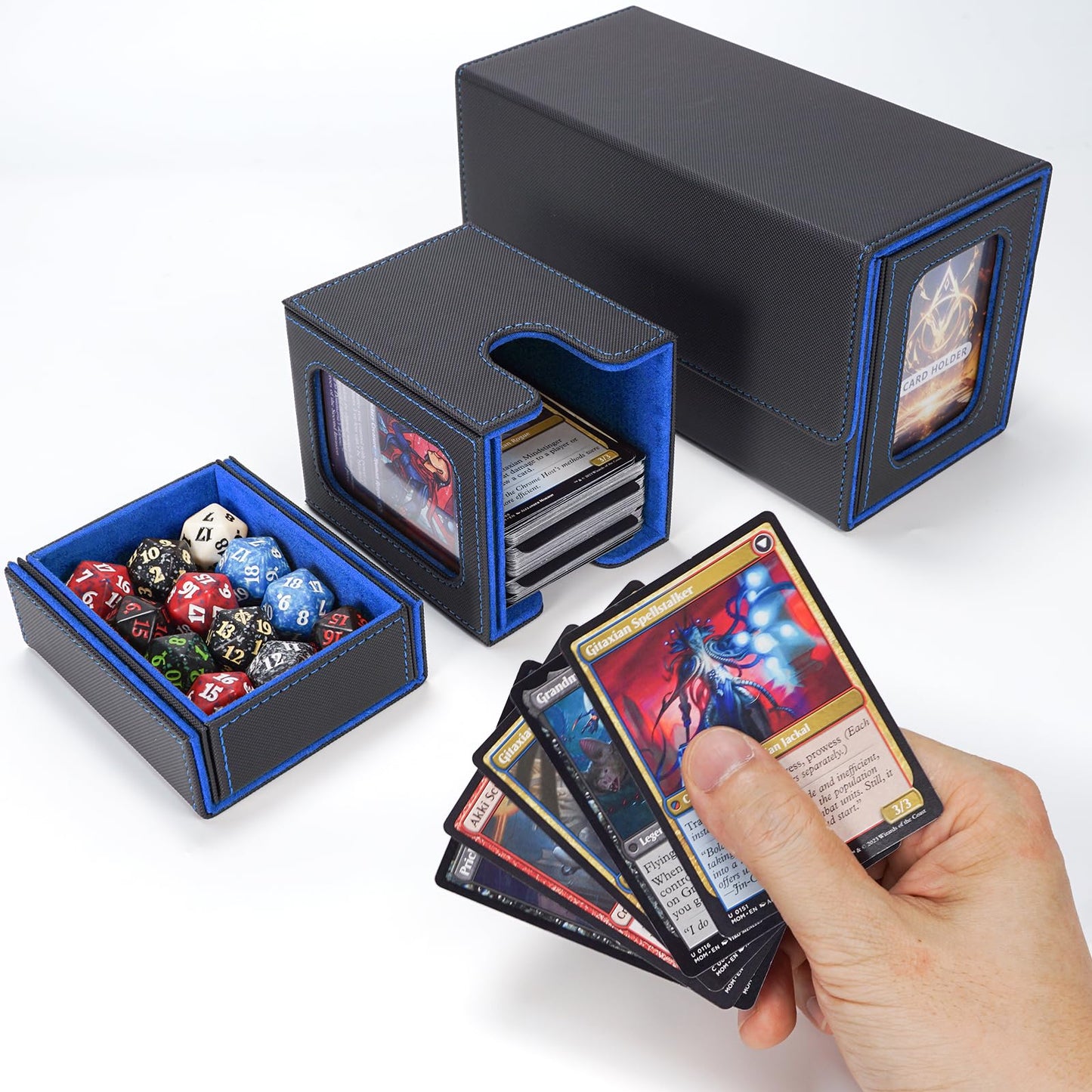 AFIING MTG Commander Card Storage Box – Fits 200 Double-Sleeved Cards, 3-in-1 Deck Case, 4 Dividers & 2 Toploaders (Black/Blue)