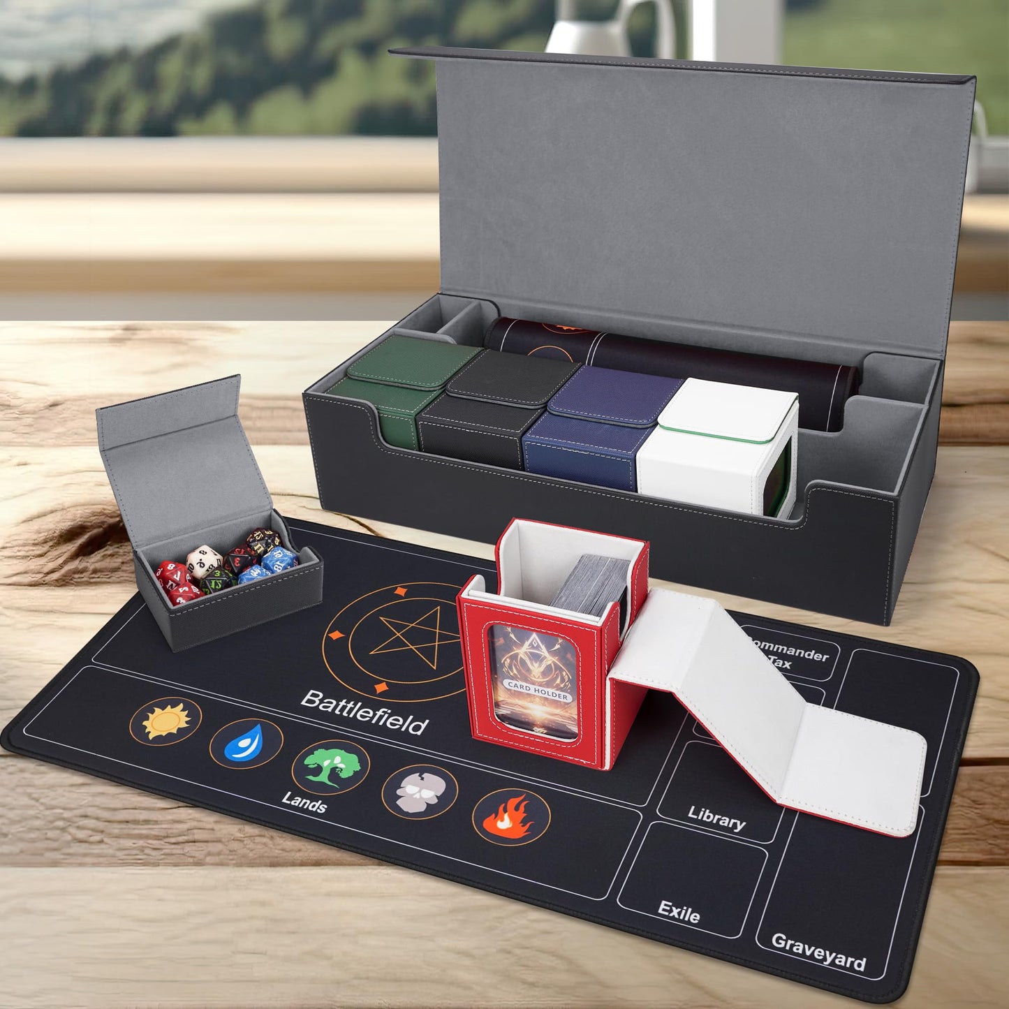 AFIING MtG Deck Box – Holds 5 Display Card Boxes, MTG Playmat & Dice Box, 10 Dividers, Card Supporter, Trading Card Storage (Black & Grey)