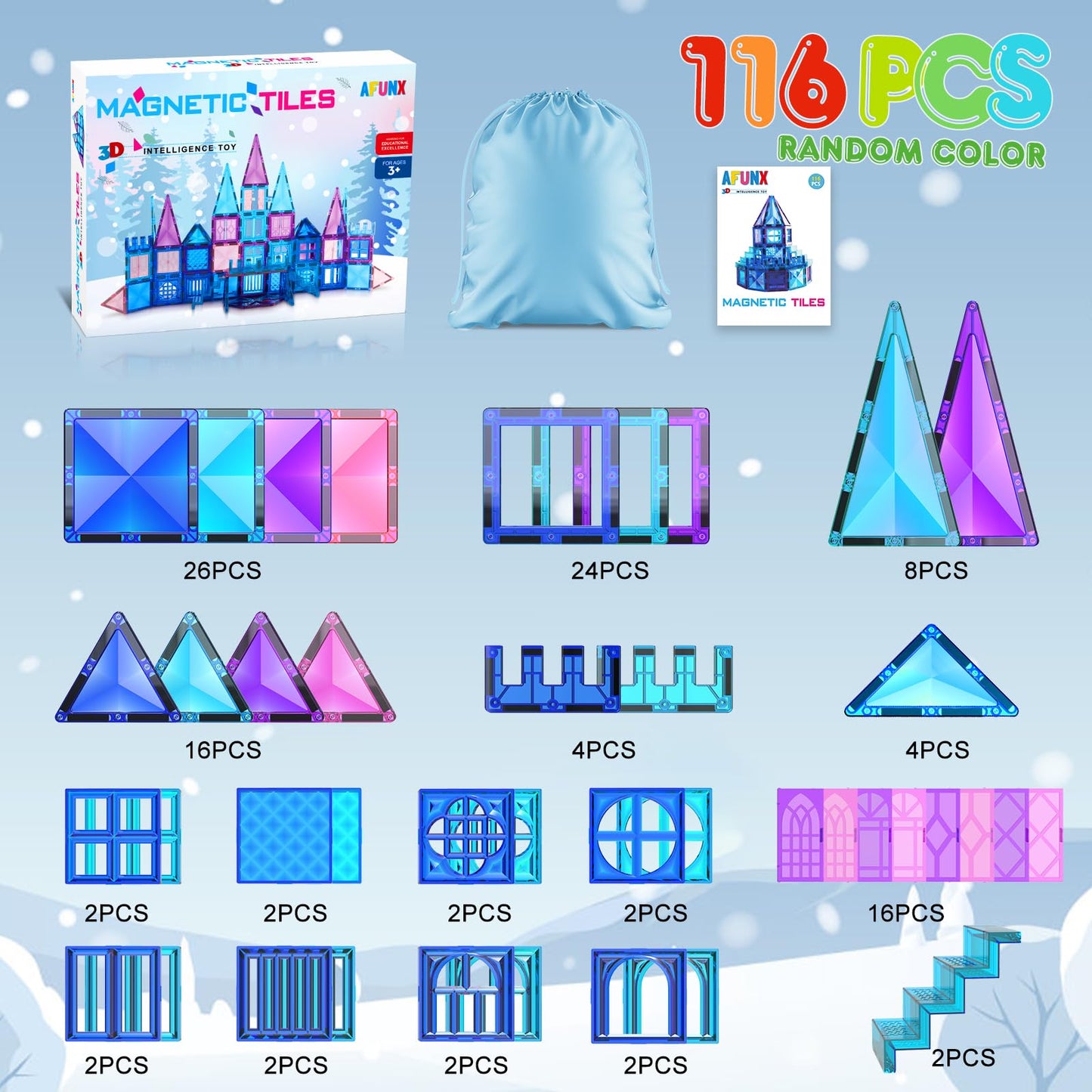 AFUNX Magnetic Tiles 116PCS – 3D Diamond Magnetic Blocks for Creative STEM Play