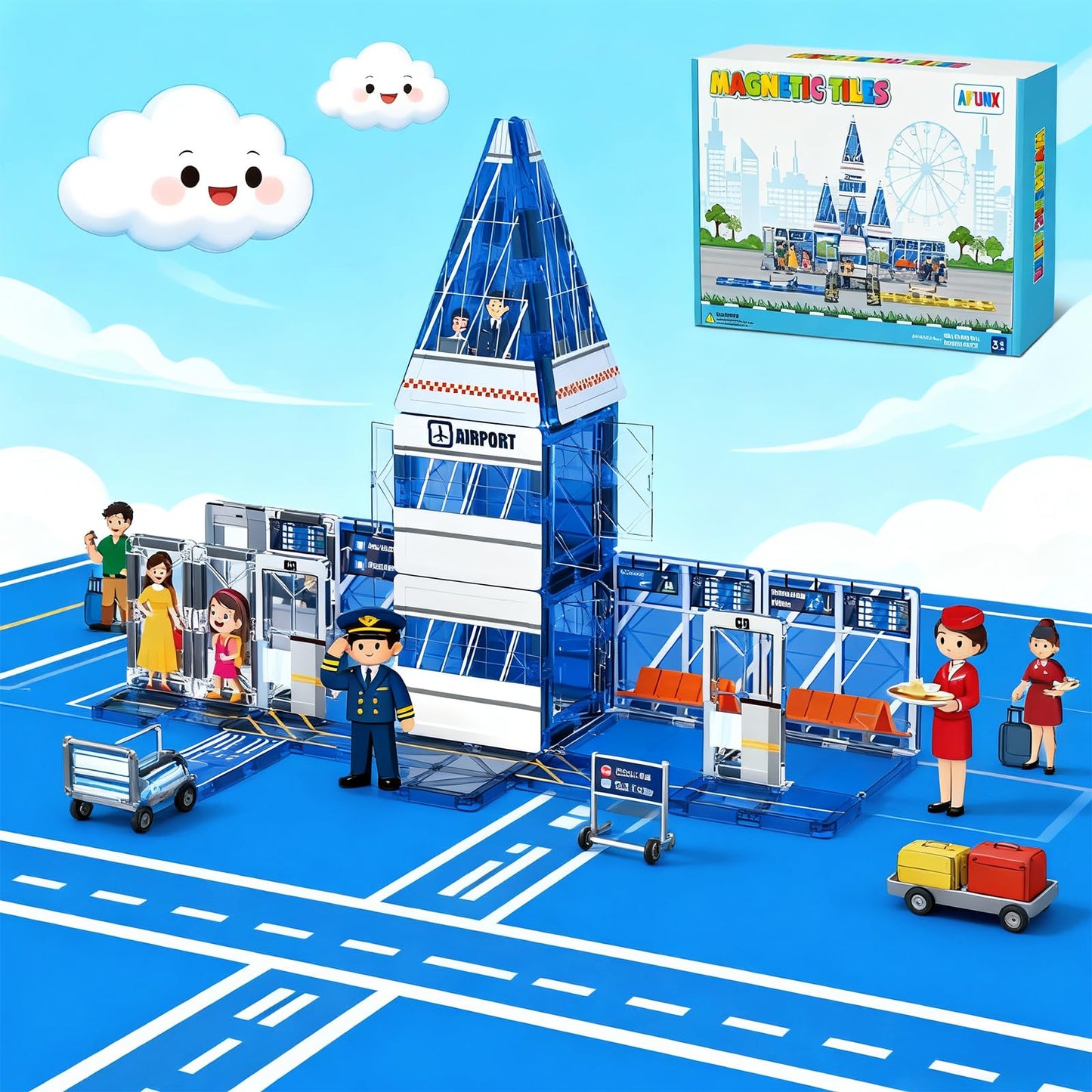 AFUNX Magnetic Tiles Airport Theme Set – 54-Piece STEM Building Blocks for Ages 3-10