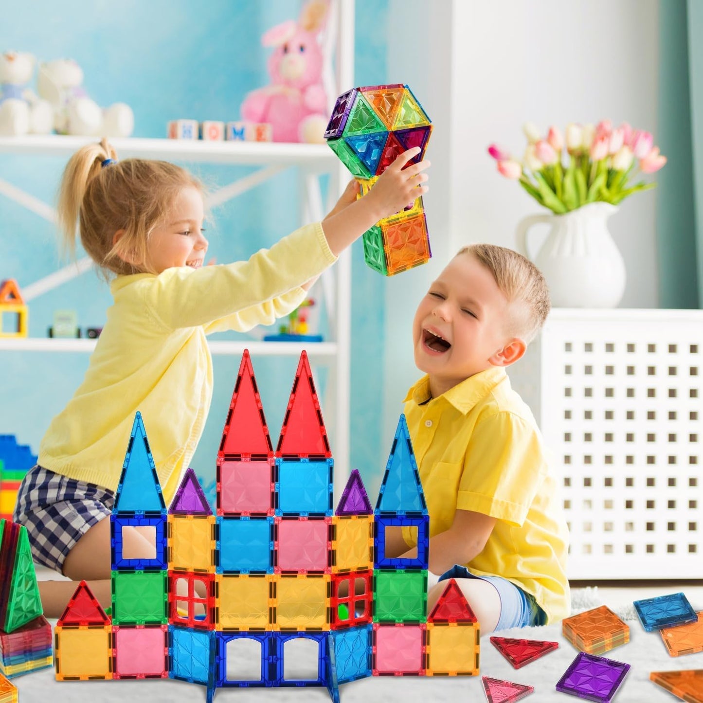 AFUNX Magnetic Tiles 102PCS with 2 Cars – 3D Diamond Blocks, STEM Building Toys for Kids