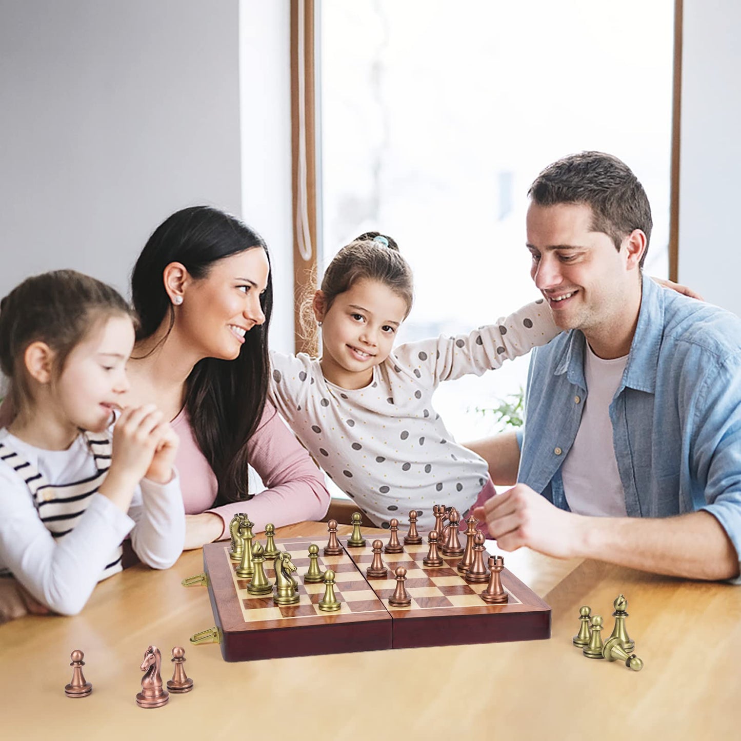Agirlgle Retro Metal Chess Set with Folding Wooden Board – Classic Handmade Pieces for Kids & Adults