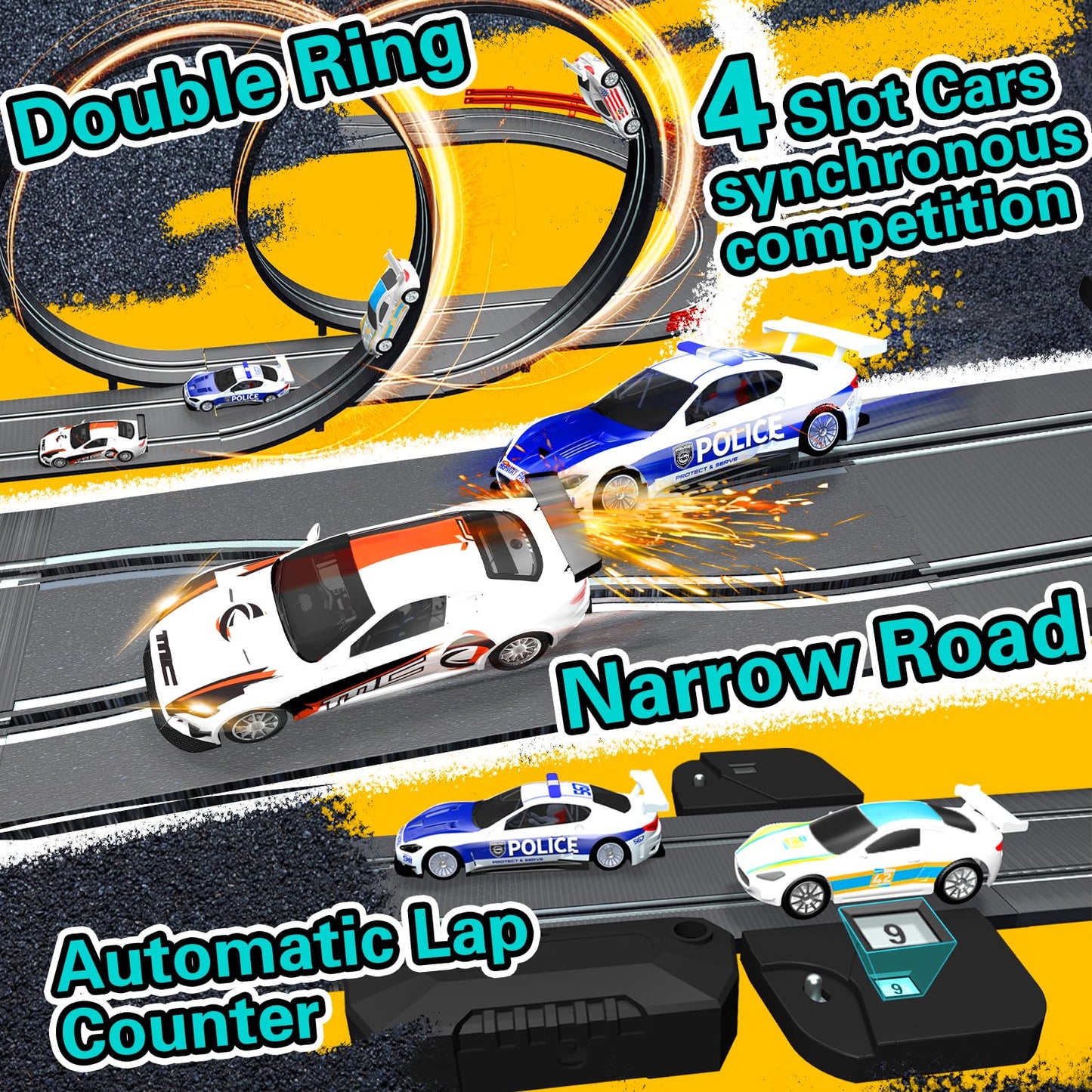 AGM MASTECH Slot Car Race Track Set – Dual Track, 4 Licensed Cars, 2 Remotes, Lap Counter