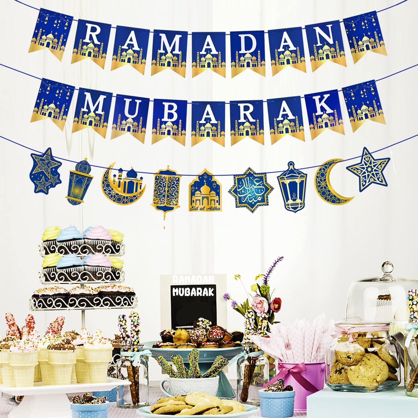 AhfuLife Ramadan Mubarak Banner Set – 3 Pcs Bunting & Crescent Star Garland
