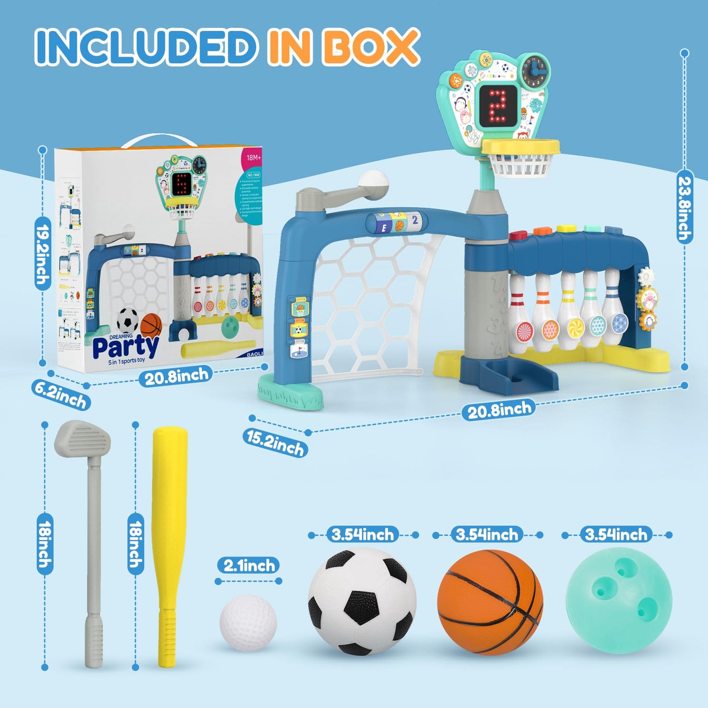 AIGIMU 5-in-1 Toddler Sports Toys | Adjustable 1-3 Year Old Activity Center