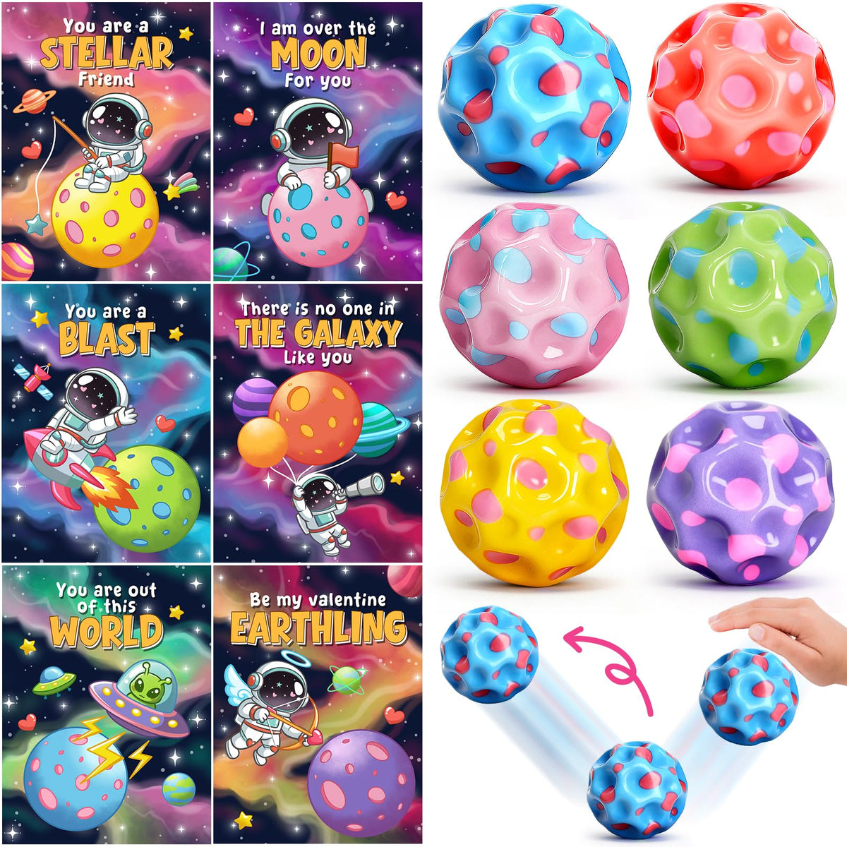 Aigybobo 30-Pack Valentines Day Cards & Moon Bouncy Balls for Kids – Classroom Party Favors
