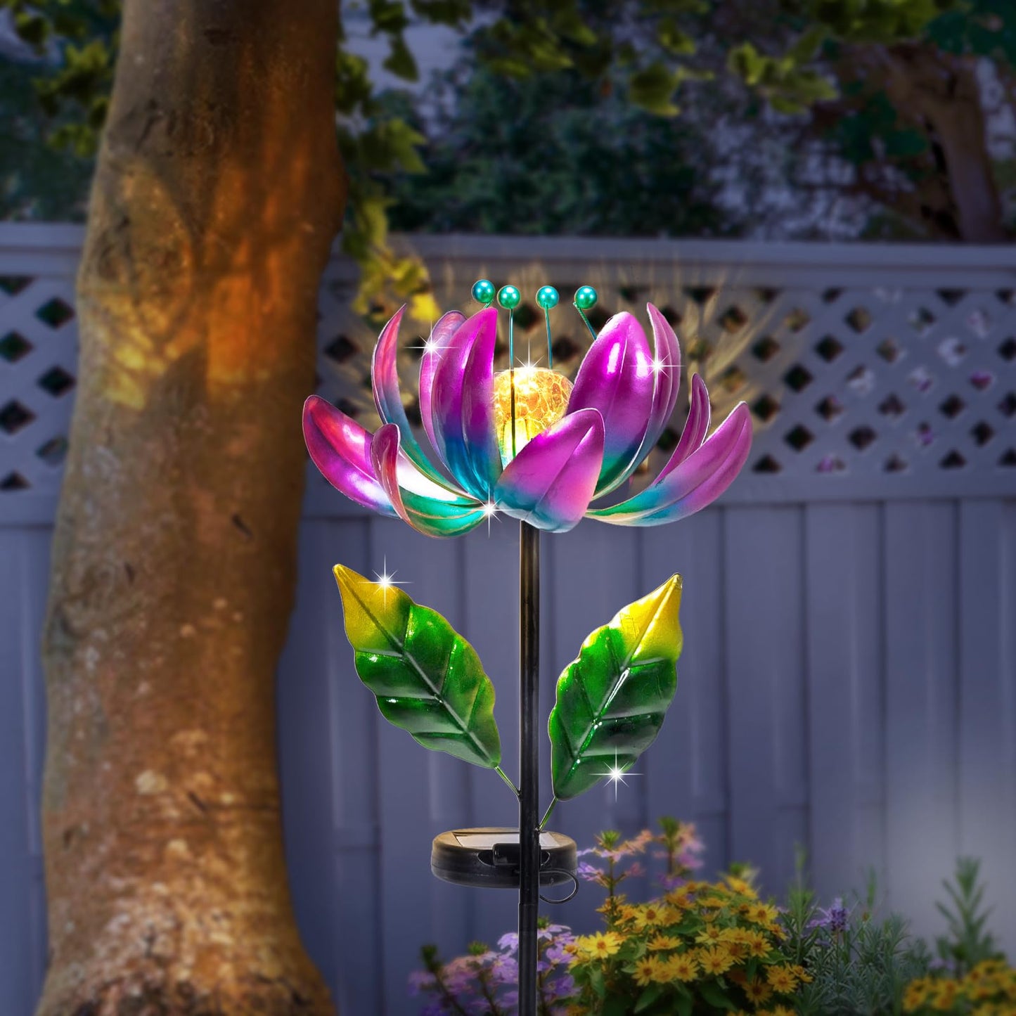 AIINY Solar Purple Metal Flower Wind Spinner – Colorful LED Lotus Garden Decor