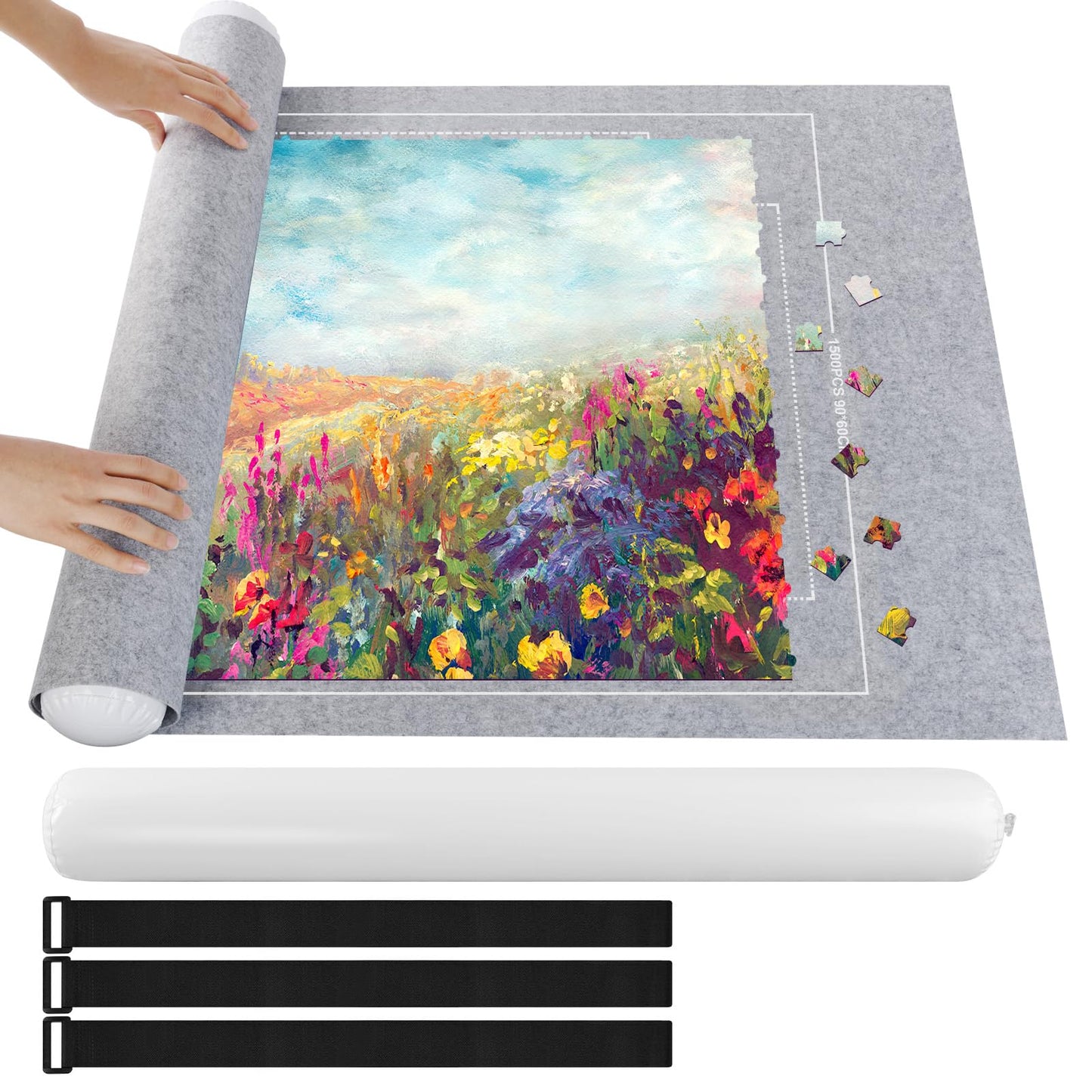 Ainiv Jigsaw Puzzle Mat Roll Up – 1500 Pieces, 46 x 26 in Gray Felt Puzzle Saver with Travel Bag