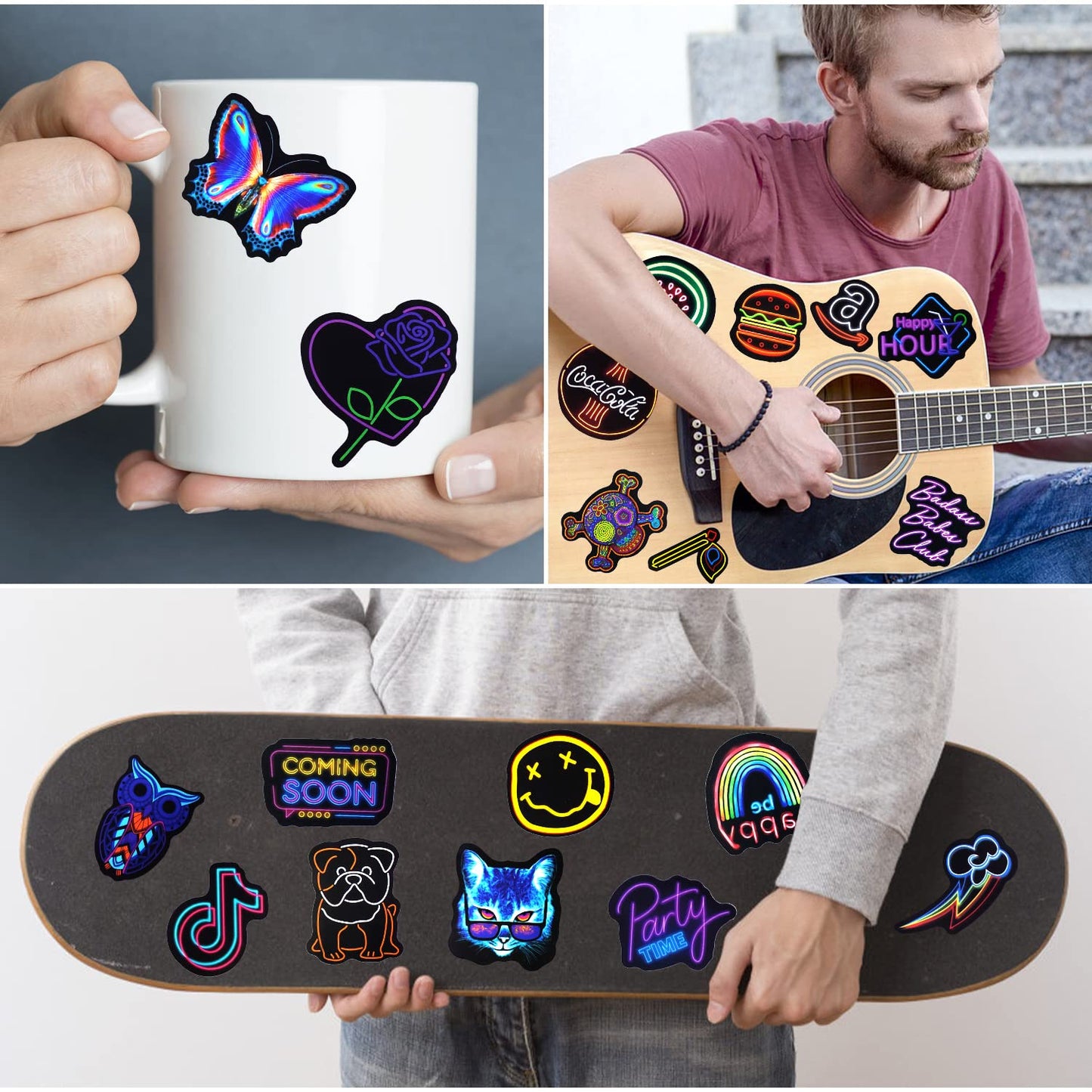 AIRNOGO Neon Water Bottle Stickers Pack – 200 Pcs Waterproof Vinyl Sticker Set for Bottles, Laptops, Luggage & Rewards