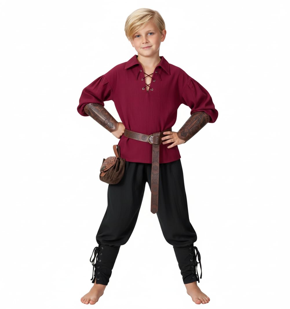 AITIPOO Kids Medieval Viking Pirate Renaissance Tunic Set (3-4T) – Red & Black