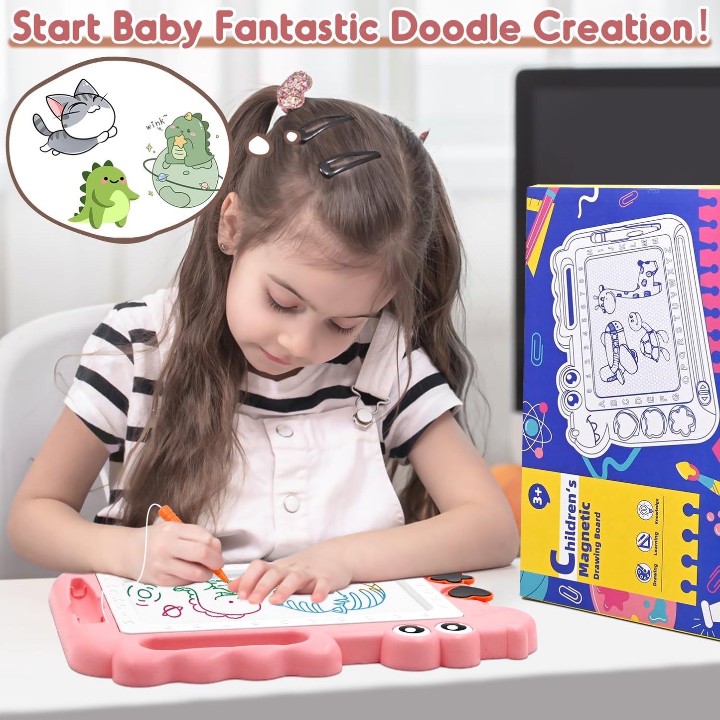 AiTuiTui Magnetic Drawing Board for Toddlers – Color Sketch Doodle Pad (Pink) | Mess-Free Travel Toy