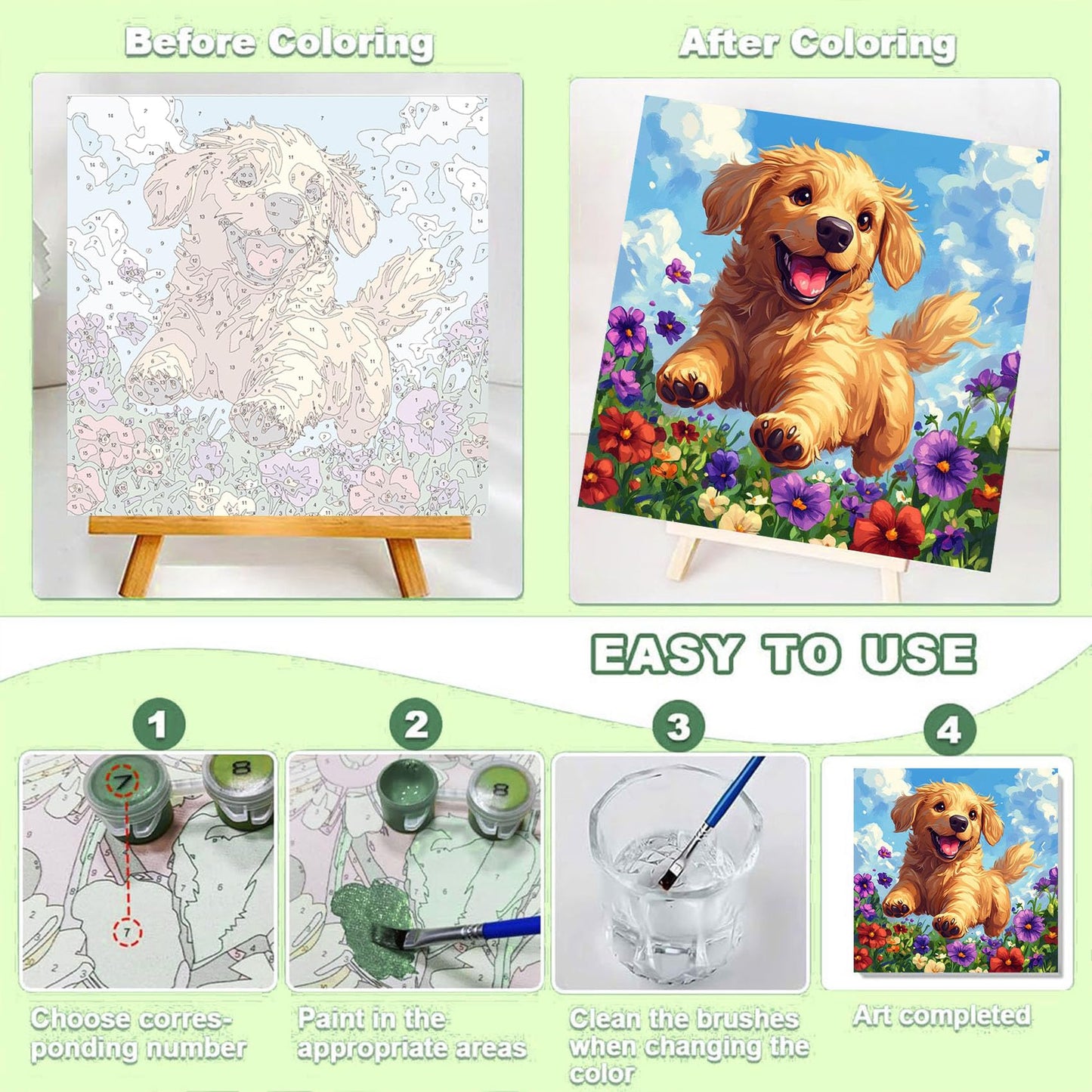 ajepon Dog Paint by Numbers Kit with Frame – 8x8in for Kids Ages 8-12