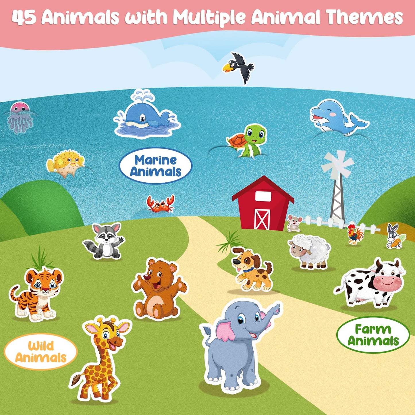AKAYOK Felt Animals Set with Storage Pouch & Velcro Backs – 90 Storytelling Pieces