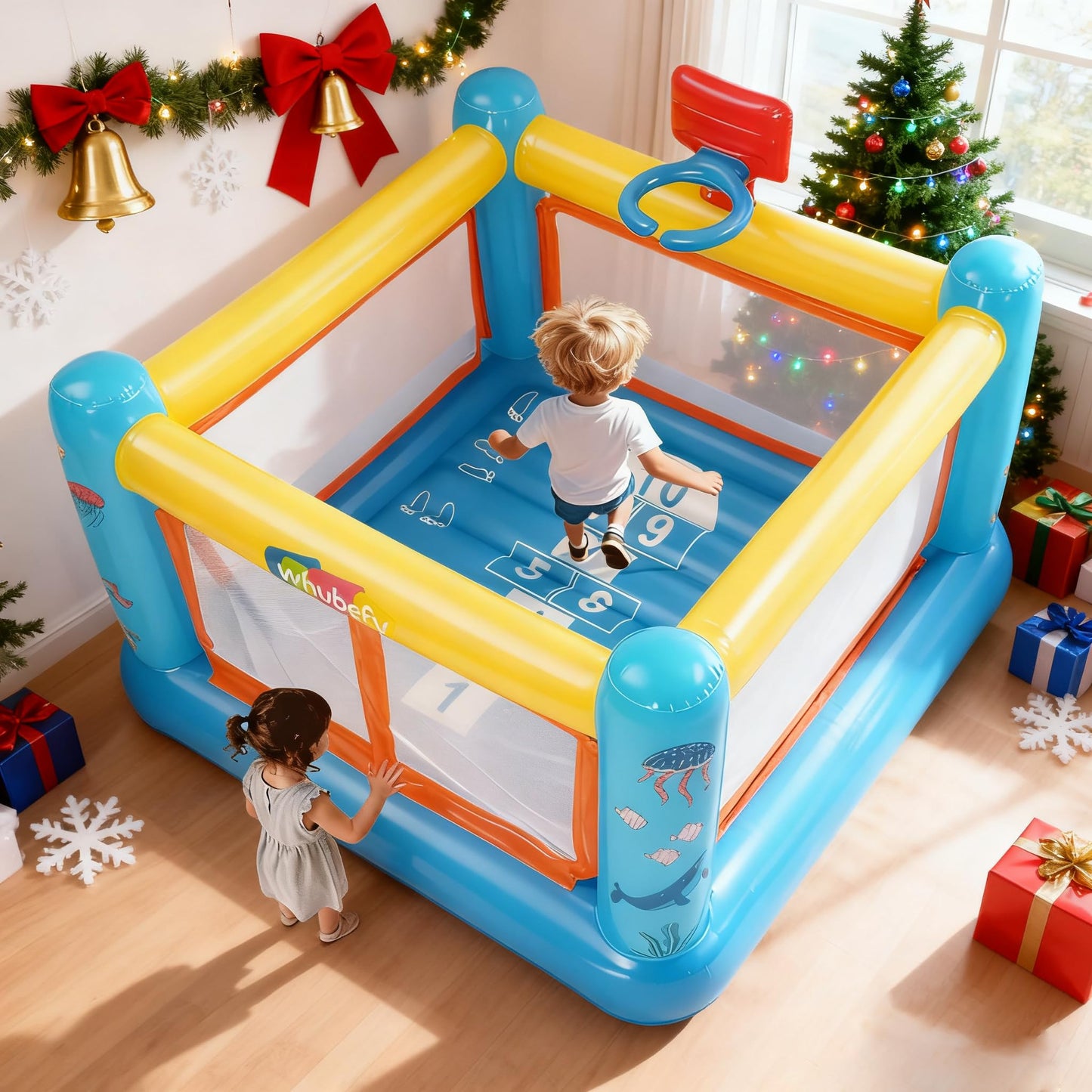 AKEYDIY Bounce House for Kids 3-6 – Indoor/Outdoor PVC Jumping Castle with Basketball Hoop