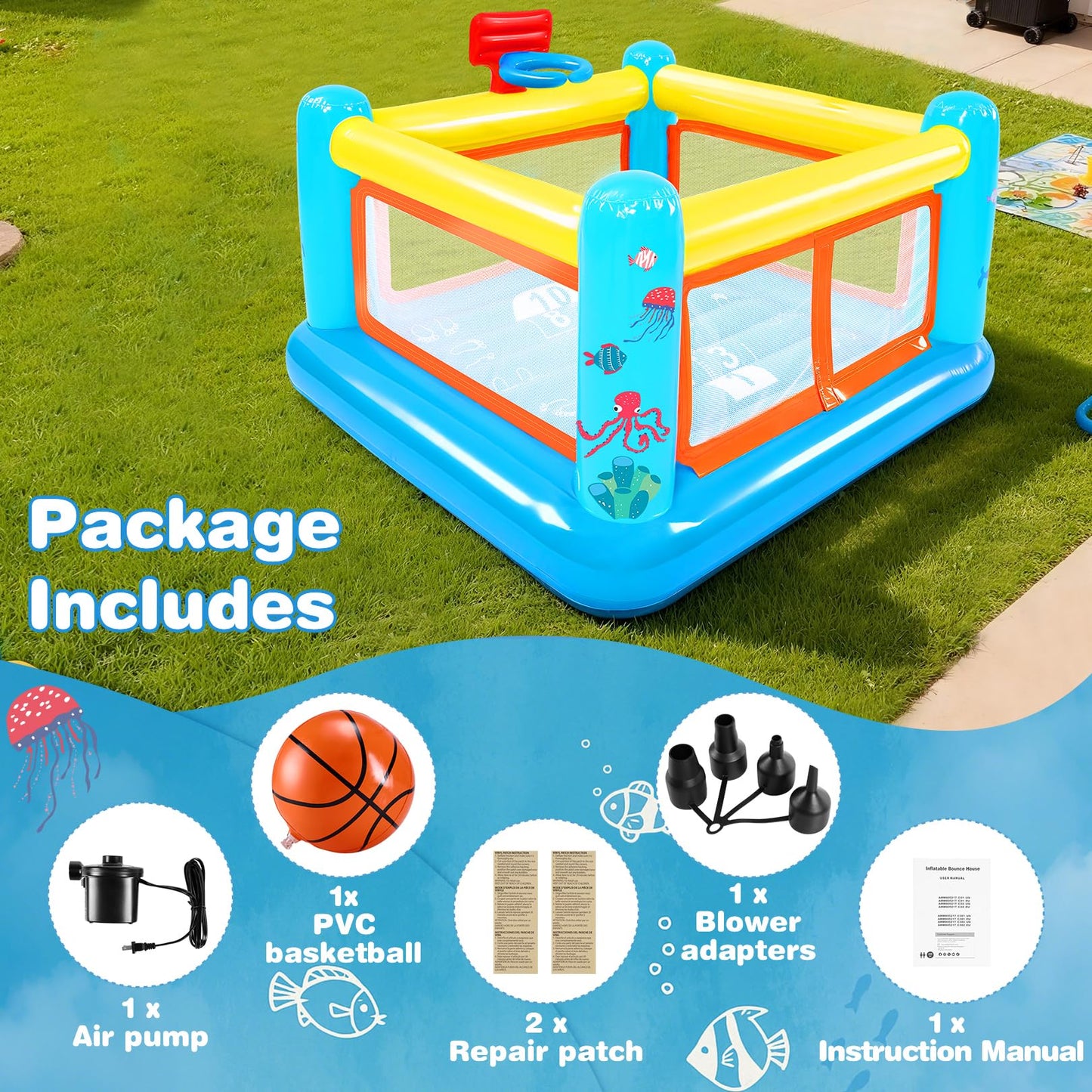 AKEYDIY Inflatable Bounce House for Kids 3-6 | Indoor & Outdoor with Basketball Hoop
