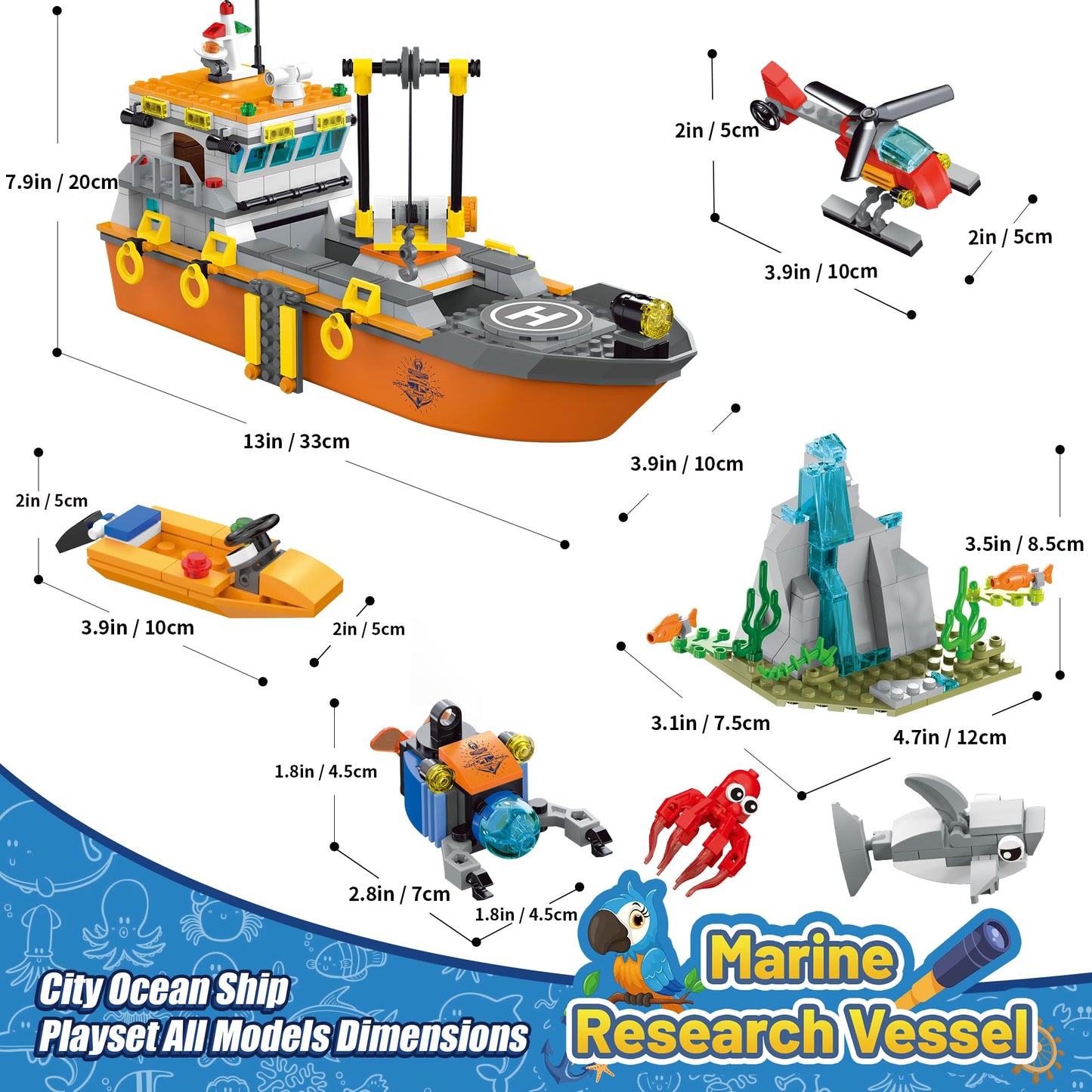 AKWME City Ocean Explorer Ship Building Set — LED Lights, Helicopter, Submarine & Shark Cage