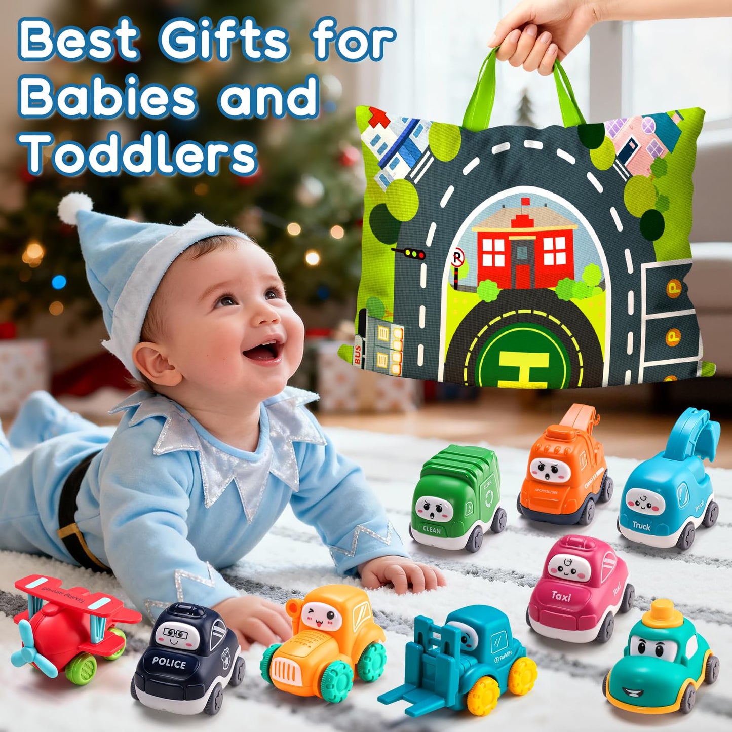 ALASOU 9 Pcs Baby Cranes Car Toys with Playmat & Storage Bag – 1st Birthday Gift for Toddlers 12-18 Months