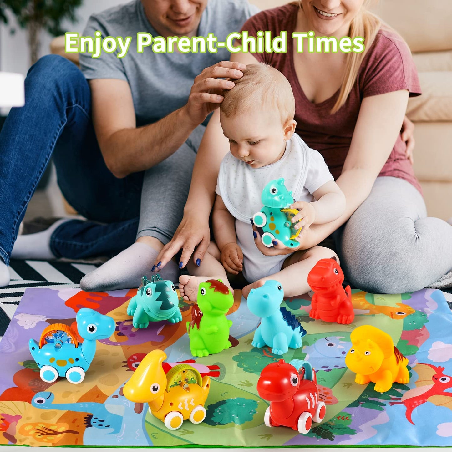 ALASOU 9-Piece Dinosaur Car Toys with Playmat & Storage Bag – 12–18 Months Gift