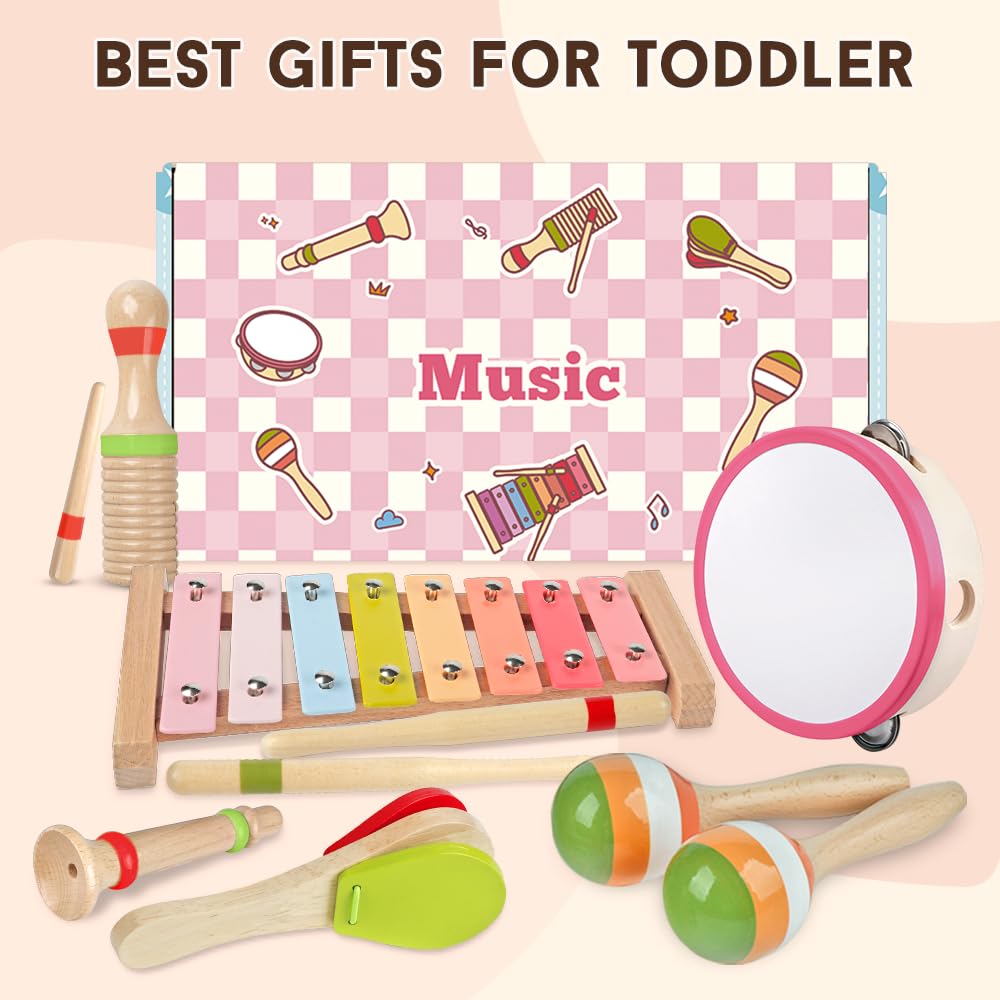 Aliex Baby Montessori Musical Instruments for Girls – 6-in-1 Pink Wooden Xylophone Set