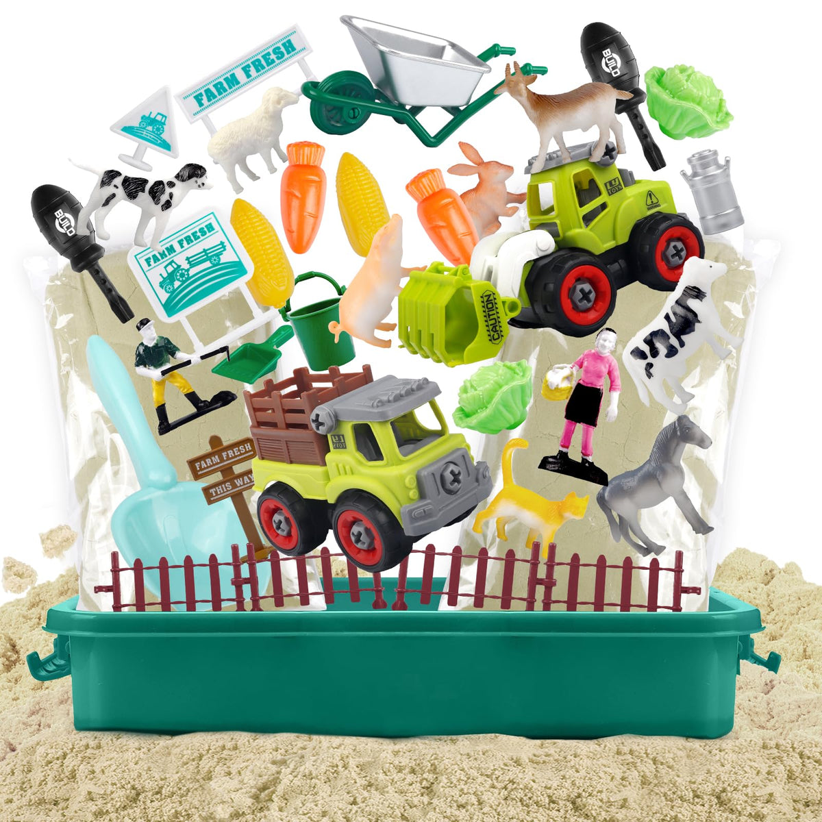 Aliex Farm Sensory Bin – 2.2 lbs Play Sand, 31pc Farm Toys & Lid (Ages 3–8)
