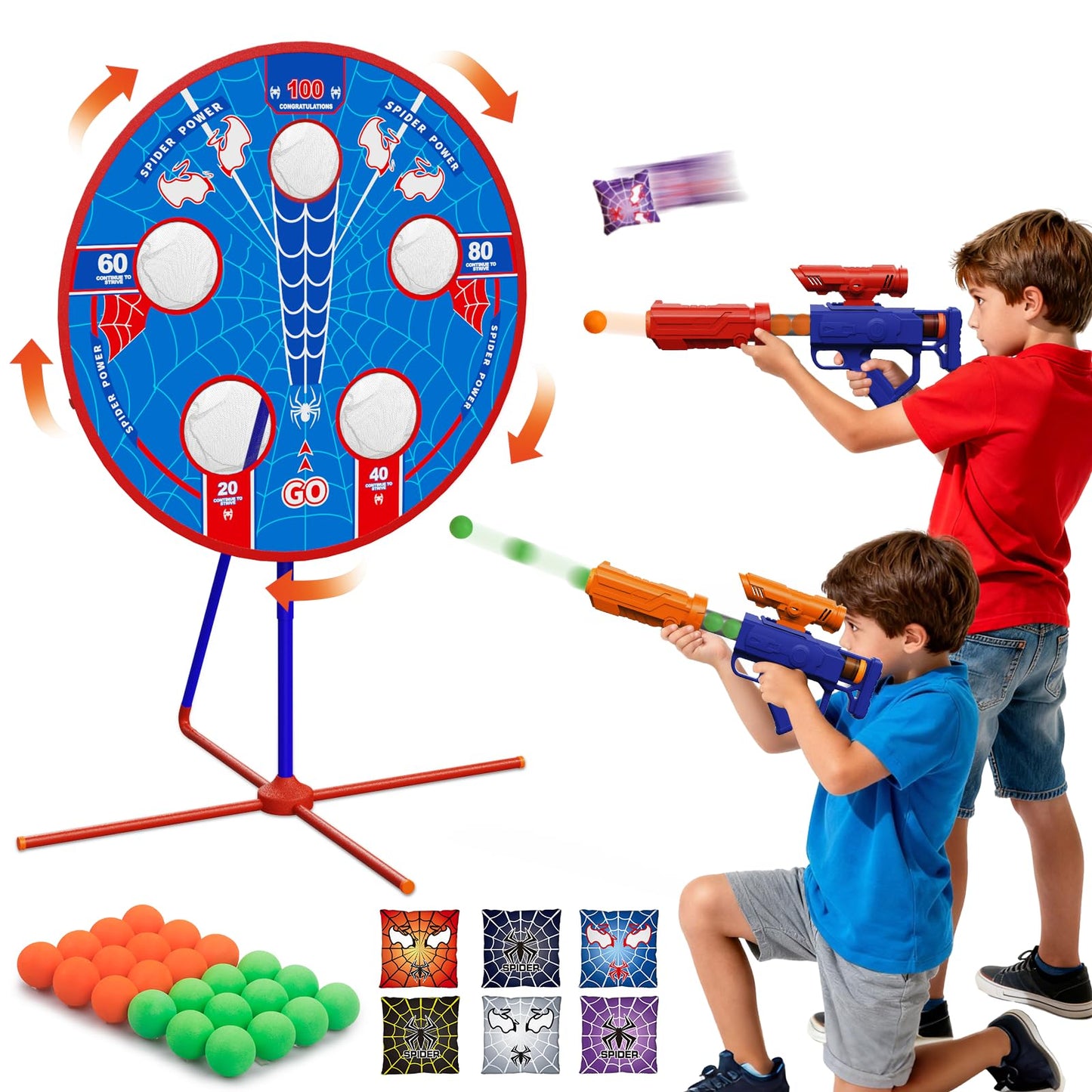 Aliex Spider Upgraded 2-in-1 Shooting Games Toy – Rotating Target, 2 Air Blasters & 24 Foam Balls