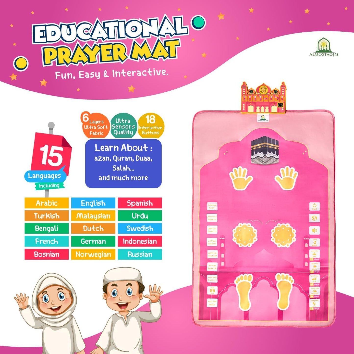 ALMOSTAQIM Educational Prayer Mat for Kids – Interactive Prayer Rug with LED Guidance