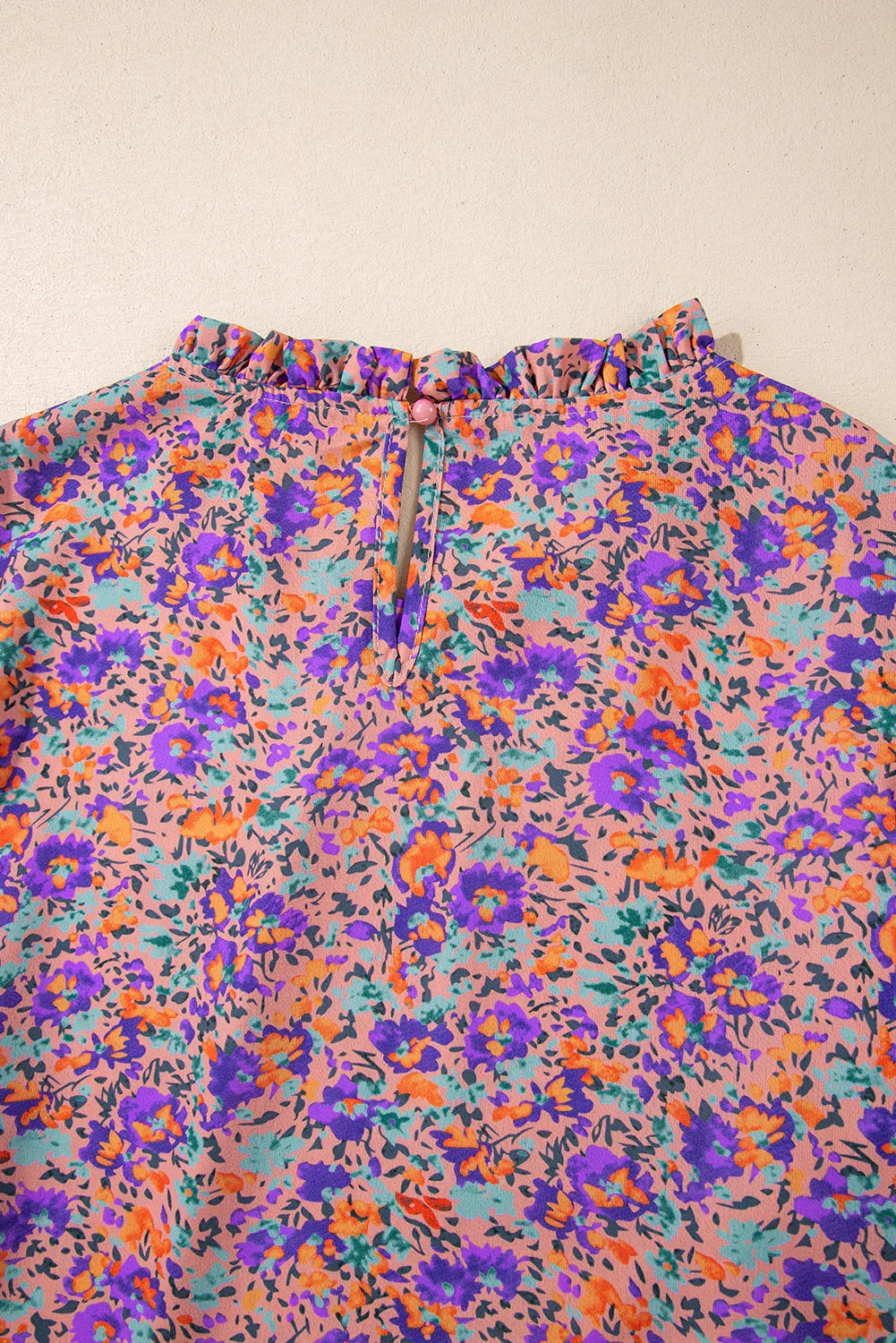 Purple Floral Print Frilled O-Neck Blouse with Shirred Cuffs