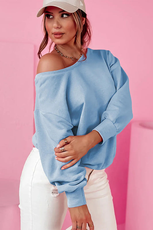 Sky Blue Bowknot Open-Back Round Neck Sweatshirt