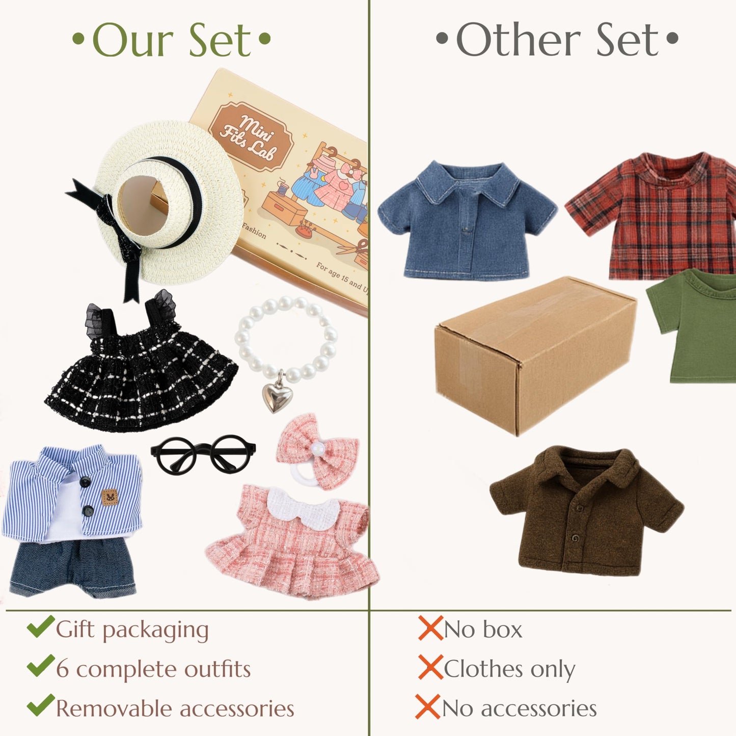 ALOVAK 6-Piece Outfit Set for 17cm Collectible Dolls – Miniature Clothes with Hats, Glasses & Necklaces