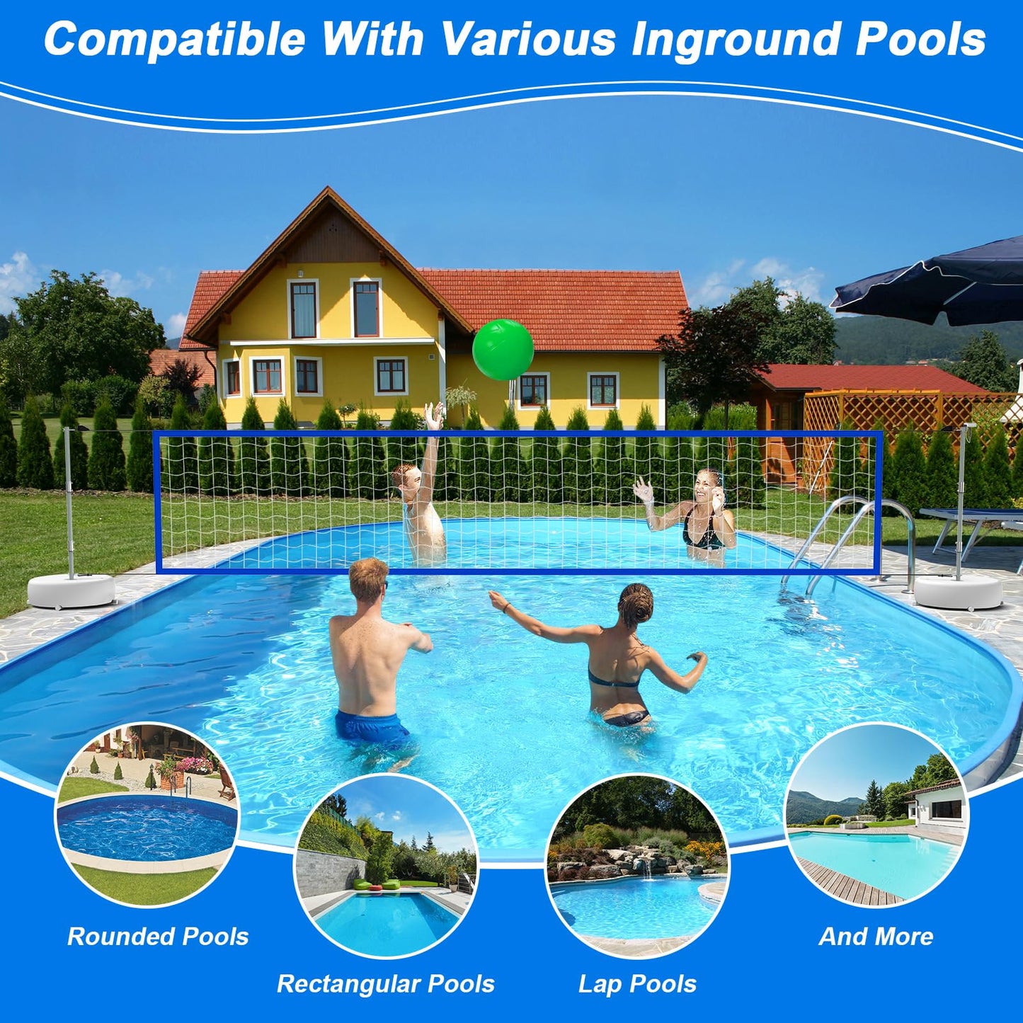 Alpcouts Pool Volleyball Net Set with Solar Lights – Adjustable 15ft-32ft for Inground Pools