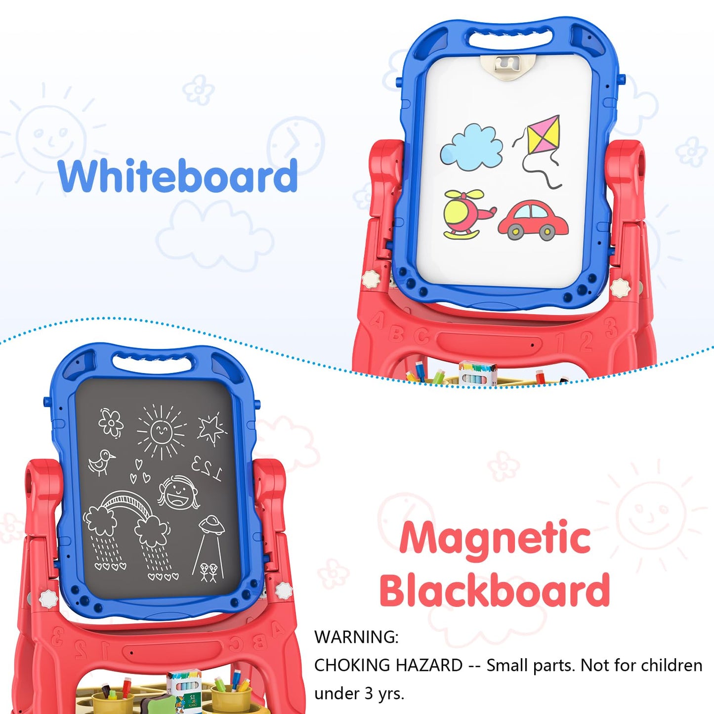 Amagoing Art Easel for Kids (Ages 3-5) | Adjustable Double-Sided Chalkboard & Whiteboard with Accessories