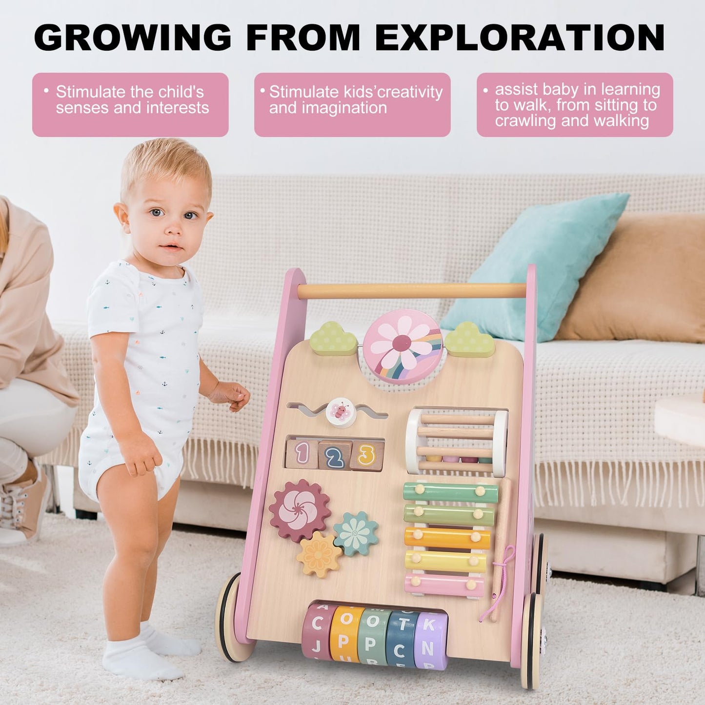 AmazingJoy Wooden Baby Walker with Wheels – Montessori Push Toy for 10+ Months
