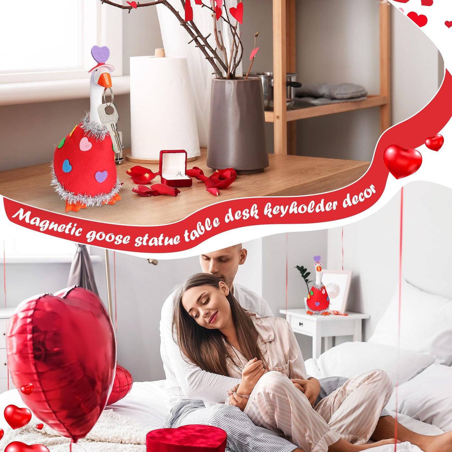AmazingSpark Valentine's Day Mini Desk Goose Outfit – 7-Inch Magnetic Goose Statue Key Holder (Red, Mini Heart)