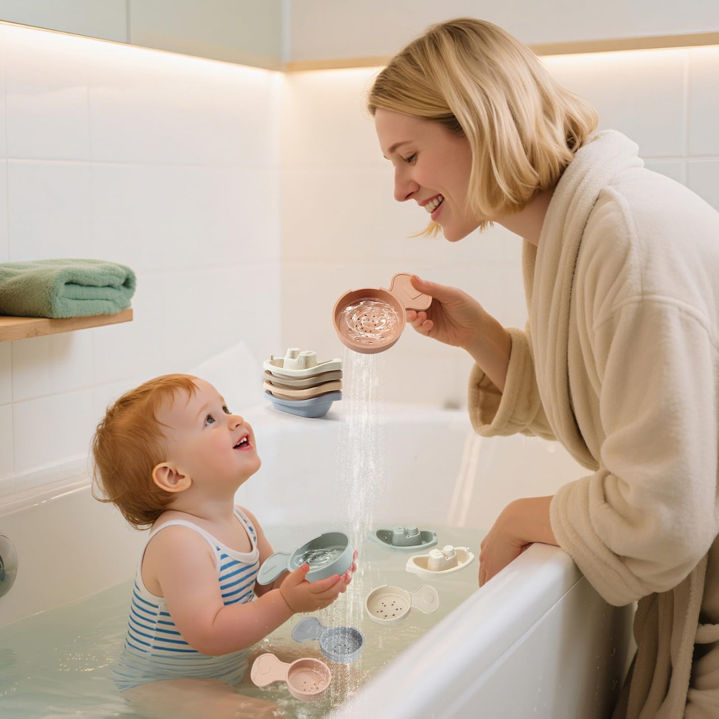 AMCHSURI Baby Bath Toys 11PCS – Mold-Free Floating Boats & Educational Spoons