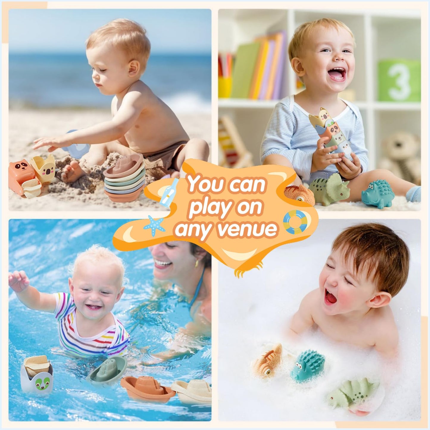 AMCHSURI 14-Piece Mold-Free Baby Bath Toys for Ages 1-3 – Floating Boats, Cups & No-Hole Design