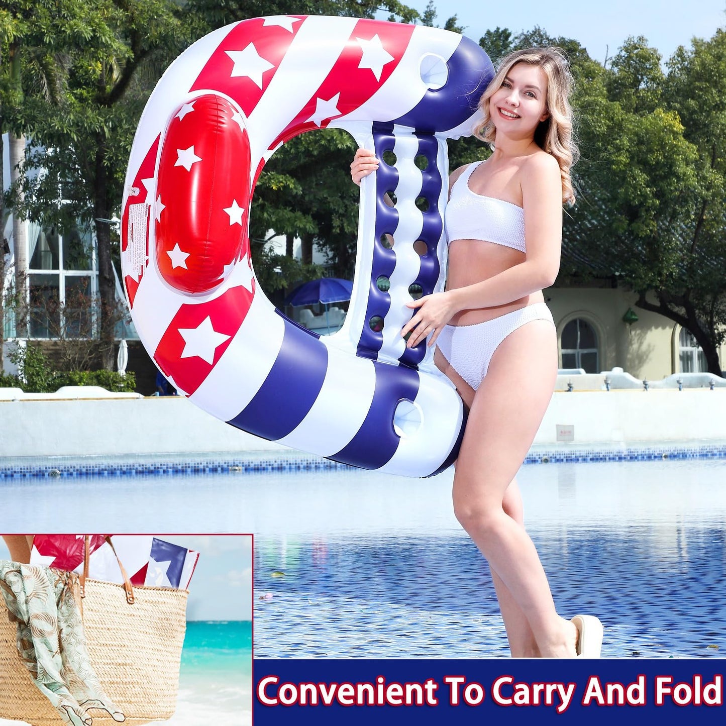 AMENON 2 Pack Inflatable Pool Floats Chair – American Flag Lounge with Cup Holders | Summer Beach