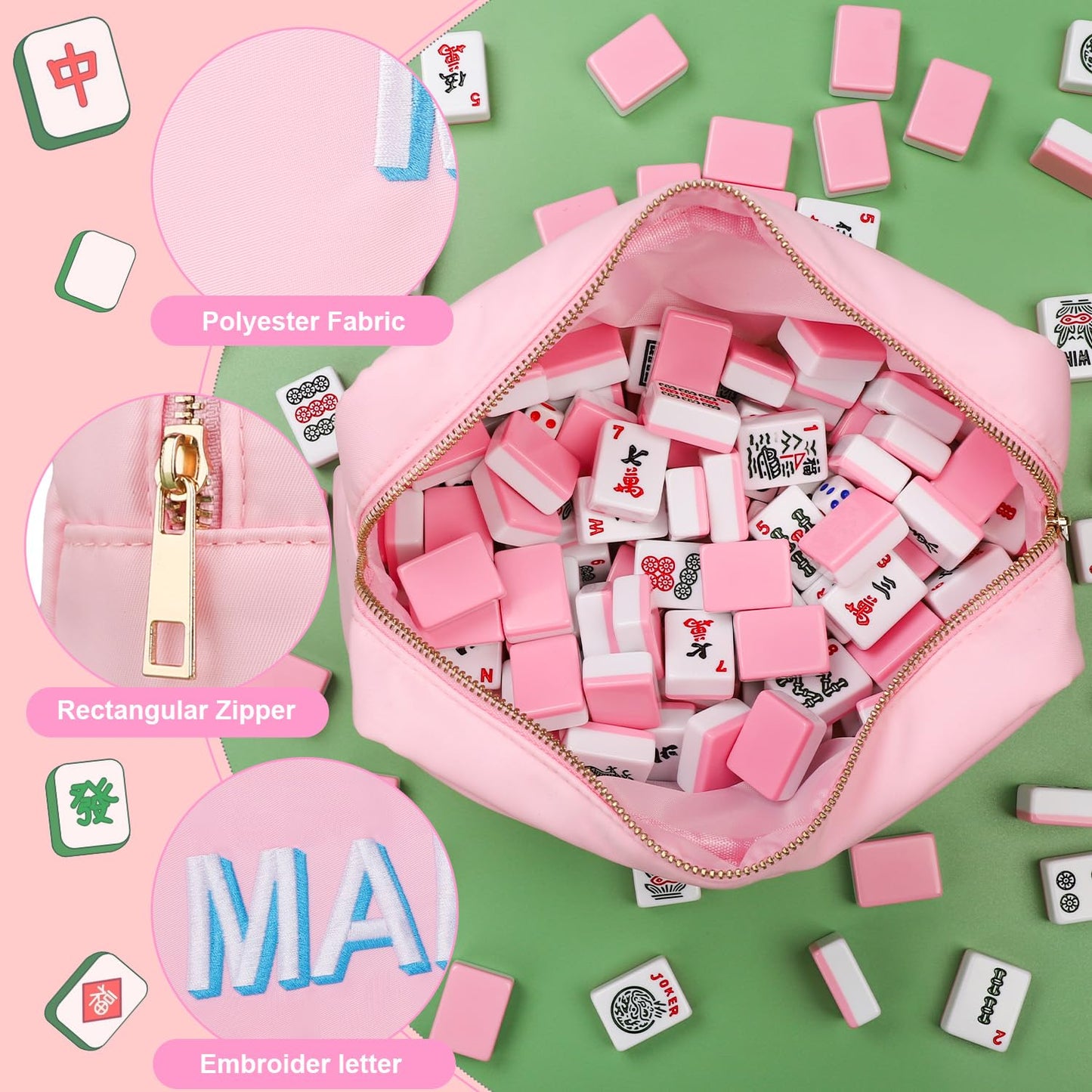 American Mahjong Tiles Bag – 166-Tile Capacity, Embroidered MAHJ, Soft Pink Travel Case (Bag Only)