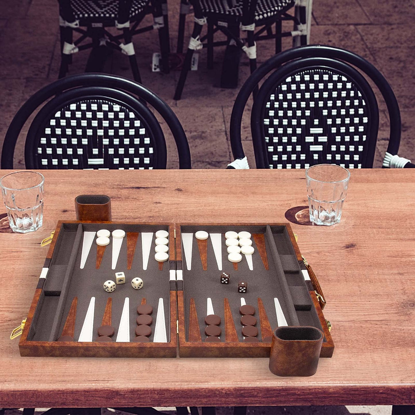 AMEROUS Backgammon Set 15-Inch Leather Case | Folding Travel Board for Adults & Kids