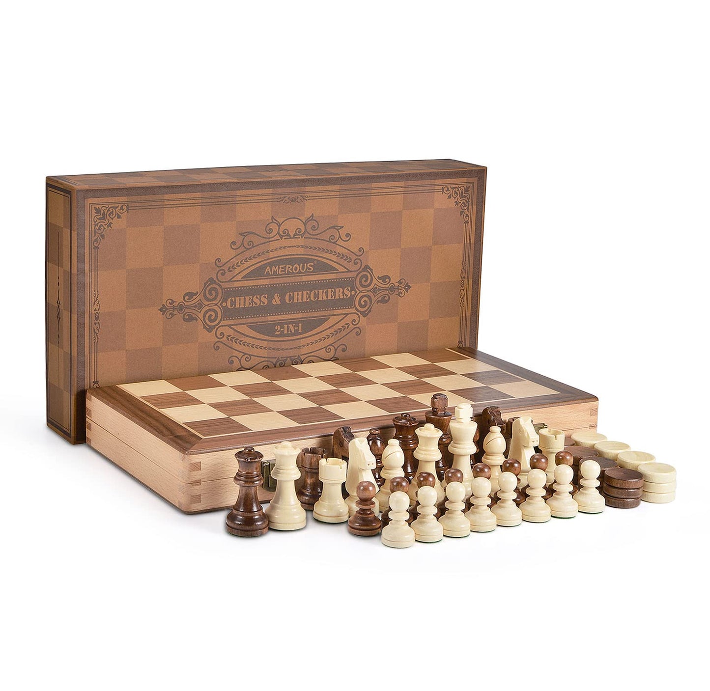 AMEROUS 15-Inch Wooden Chess & Checkers Set | 2-in-1 with Weighted Pieces & Extra Queens
