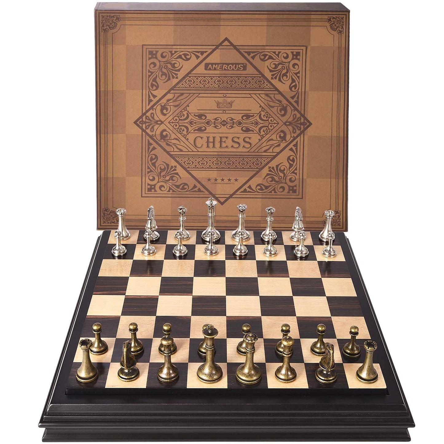 AMEROUS 12.5-Inch Wooden Chess Set with Metal Pieces – Portable & Elegant
